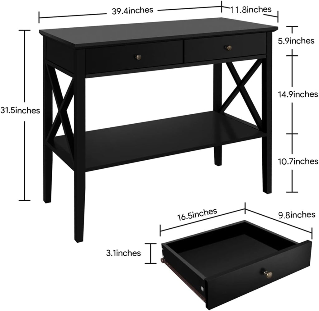 ChooChoo Console Table with Drawers, Narrow Wood Accent Sofa Table Entryway Table with Storage Shelf for Entryway, Front Hall, Hallway, Living Room, Black