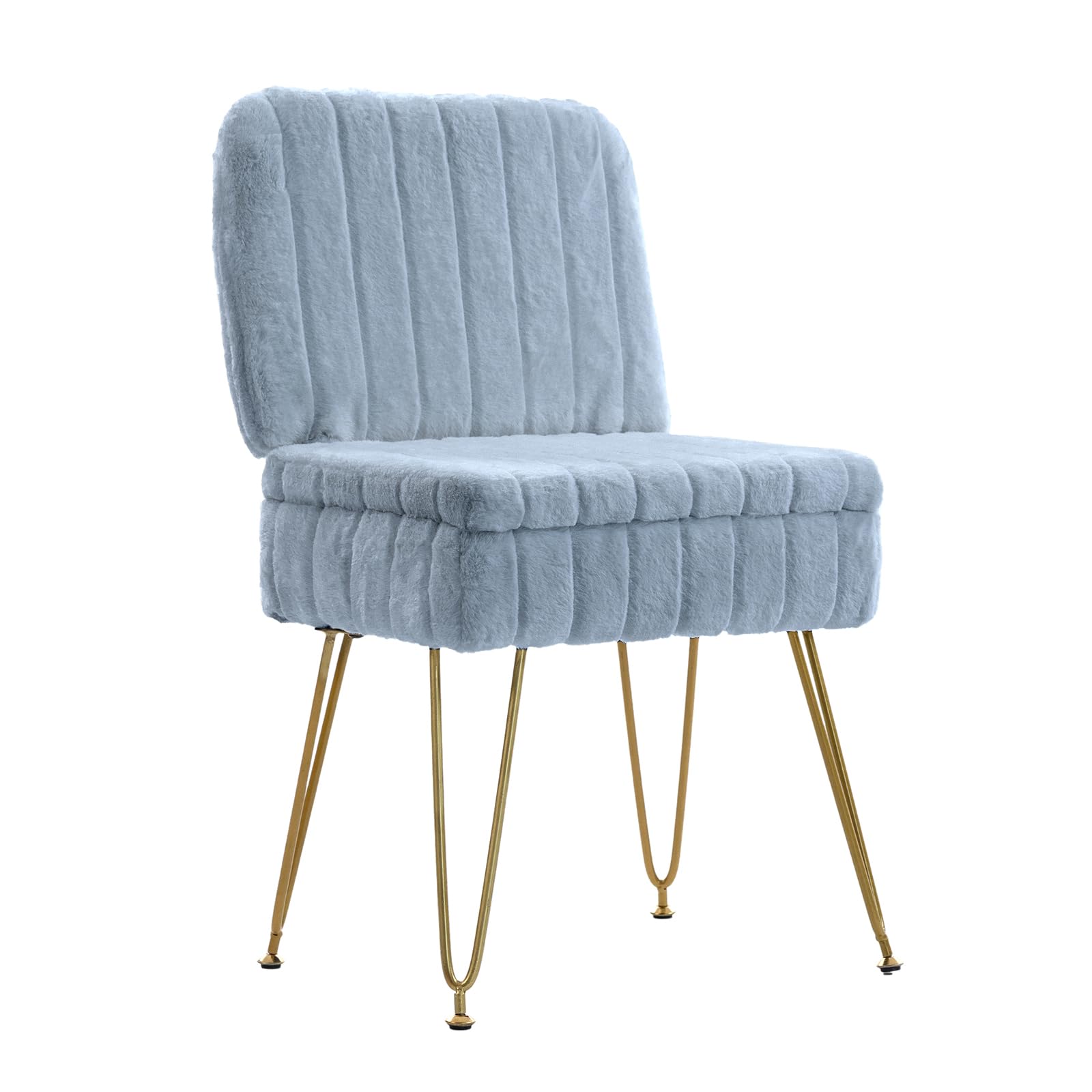 Vanity Chair with Storage, Comfy Ottoman with Folding Back, Faux Fur Vanity Stool with 4 Metal Legs for Make Up, Furry Padded Seat with Anti-Slip Feet for Bedroom Dressing Room
