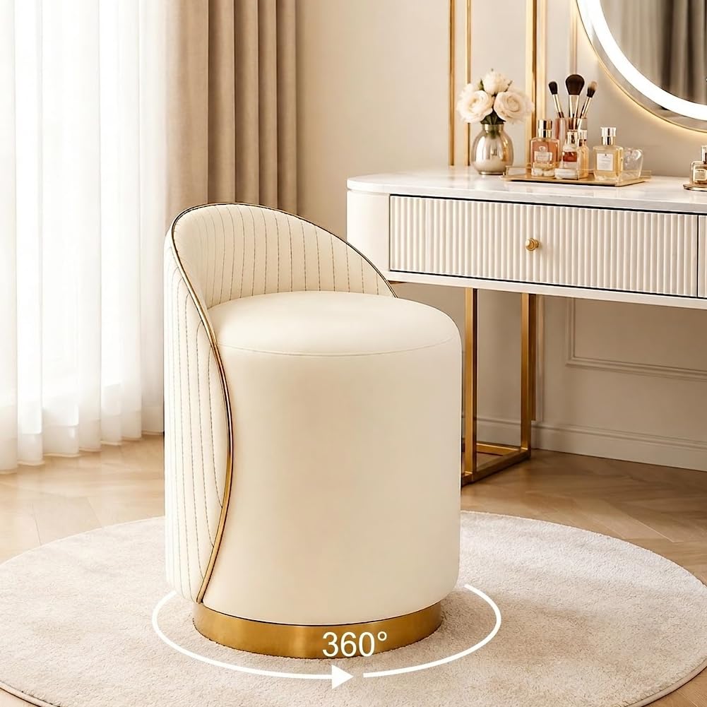 Luxury Vanity Stool with Storage, 360° Swivel Vanity Chair with Back, 400lbs Round Ottoman Leather Makeup Vanity Stool, Dressing Table Seat for Bedroom Bathroom Dressing Room (Beige- B)