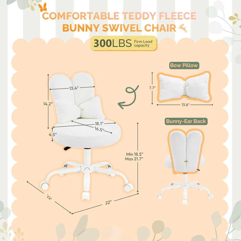 VINGLI Playful Rabbit Ear Swivel White Vanity Desk Chair with wheels&Bow Pillow,Cute Comfy Small Armless Adjustable Rolling Stool for Bedroom/Home Office,for Kids,Teens,Girls,Women,Adults,Teddy Fleece