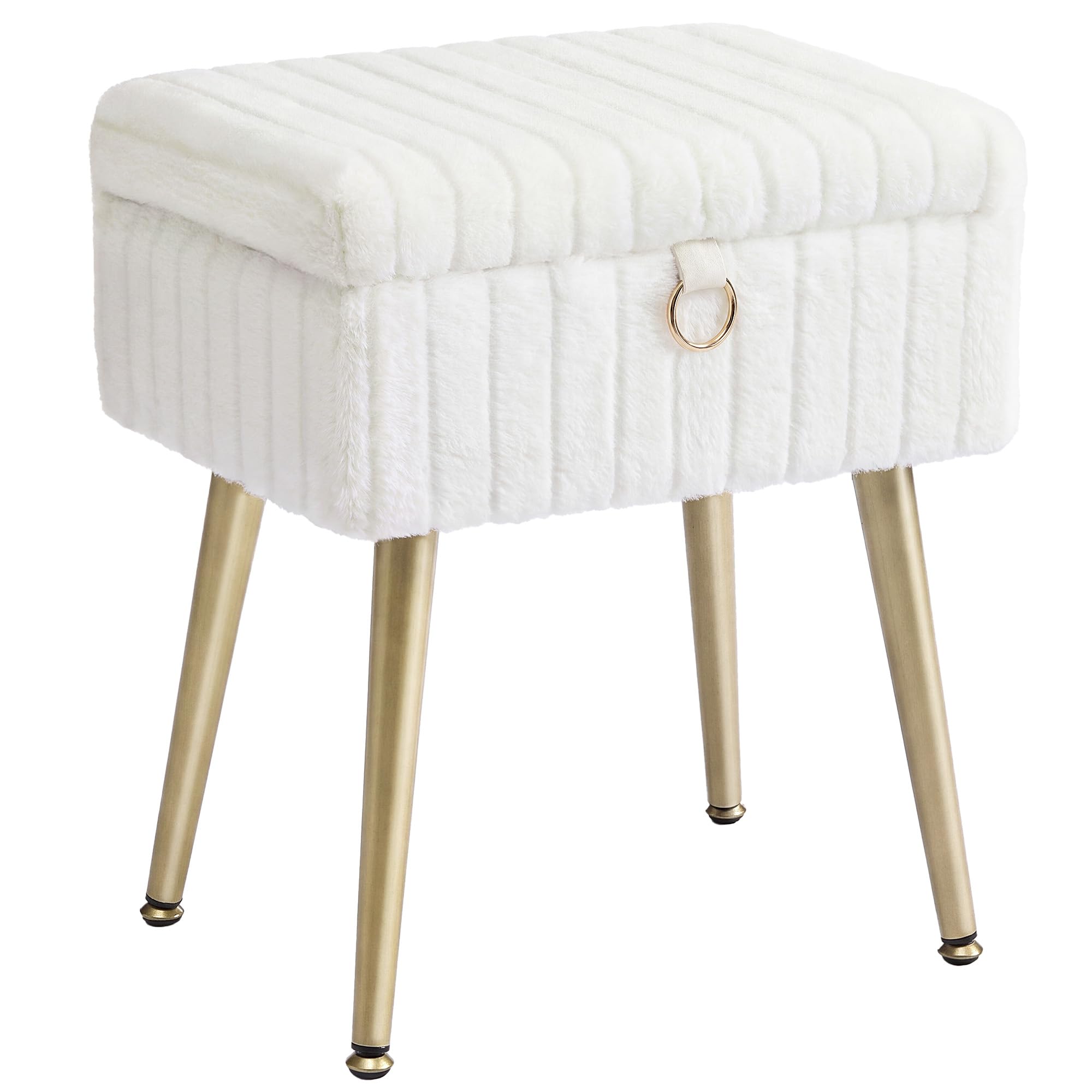 SONGMICS Small Vanity Chair with Storage and Folding Back, Vanity Stool, Footrest Footstool Ottoman, Dressing Table Stool, Furry Padded Seat, for Makeup Room, Bedroom, Ink Black ULOM532BH01