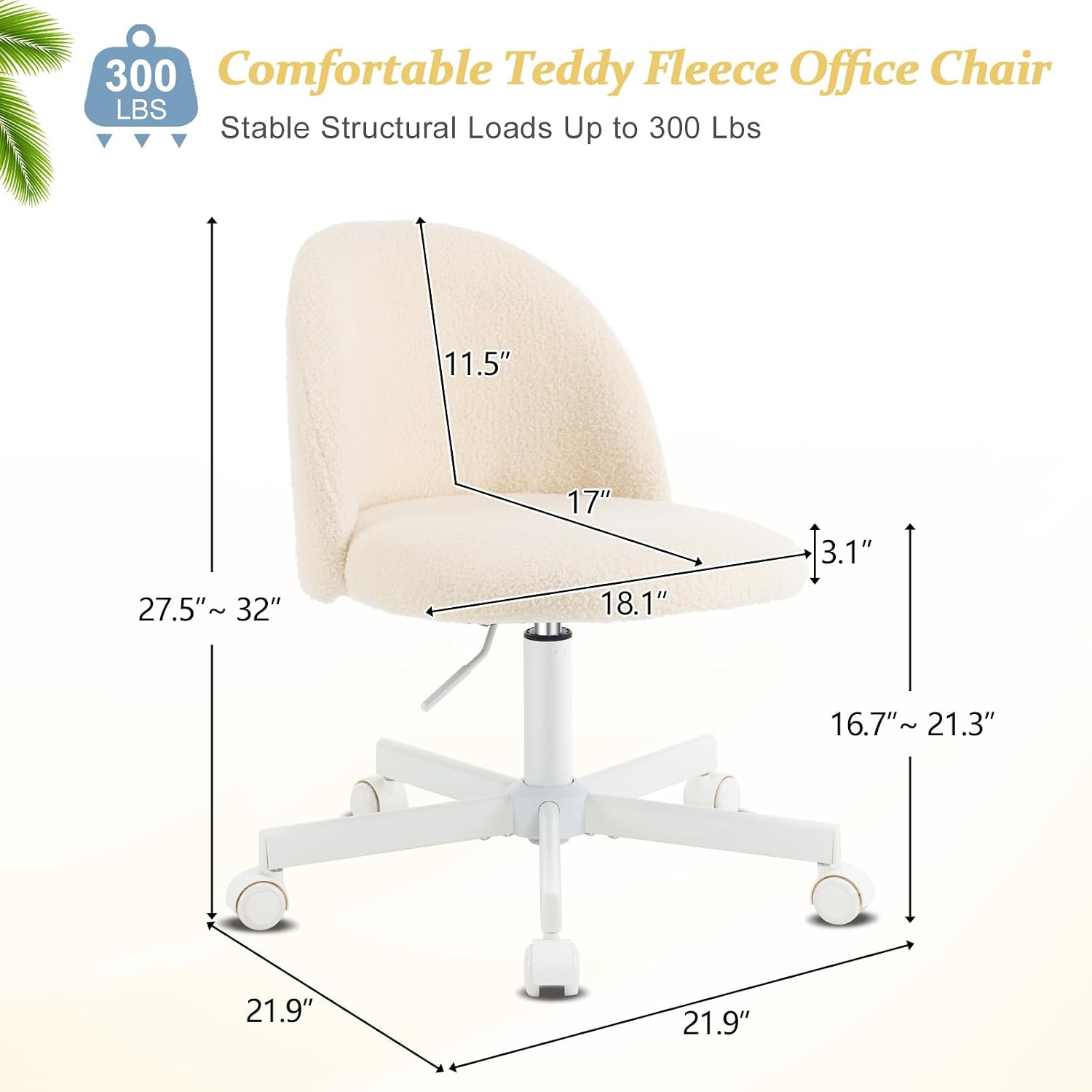 VINGLI Candy Chair Armless Cute Desk Chair,Comfy Small Office Chair with Wheels,Vanity Chair Lumbar Support,Teddy Adjustable Rolling Swivel Computer Task Chair for Home Office,Bedroom,Creamy Beige