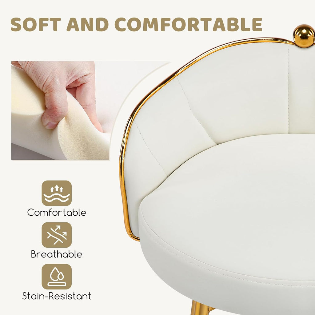 Cute Vanity Chair with Low Back, Small Makeup Desk Chair No Wheels, Modern Armless Leather Swivel Vanity Stools with Gold Legs for Vanity Bedroom Dress Room, White