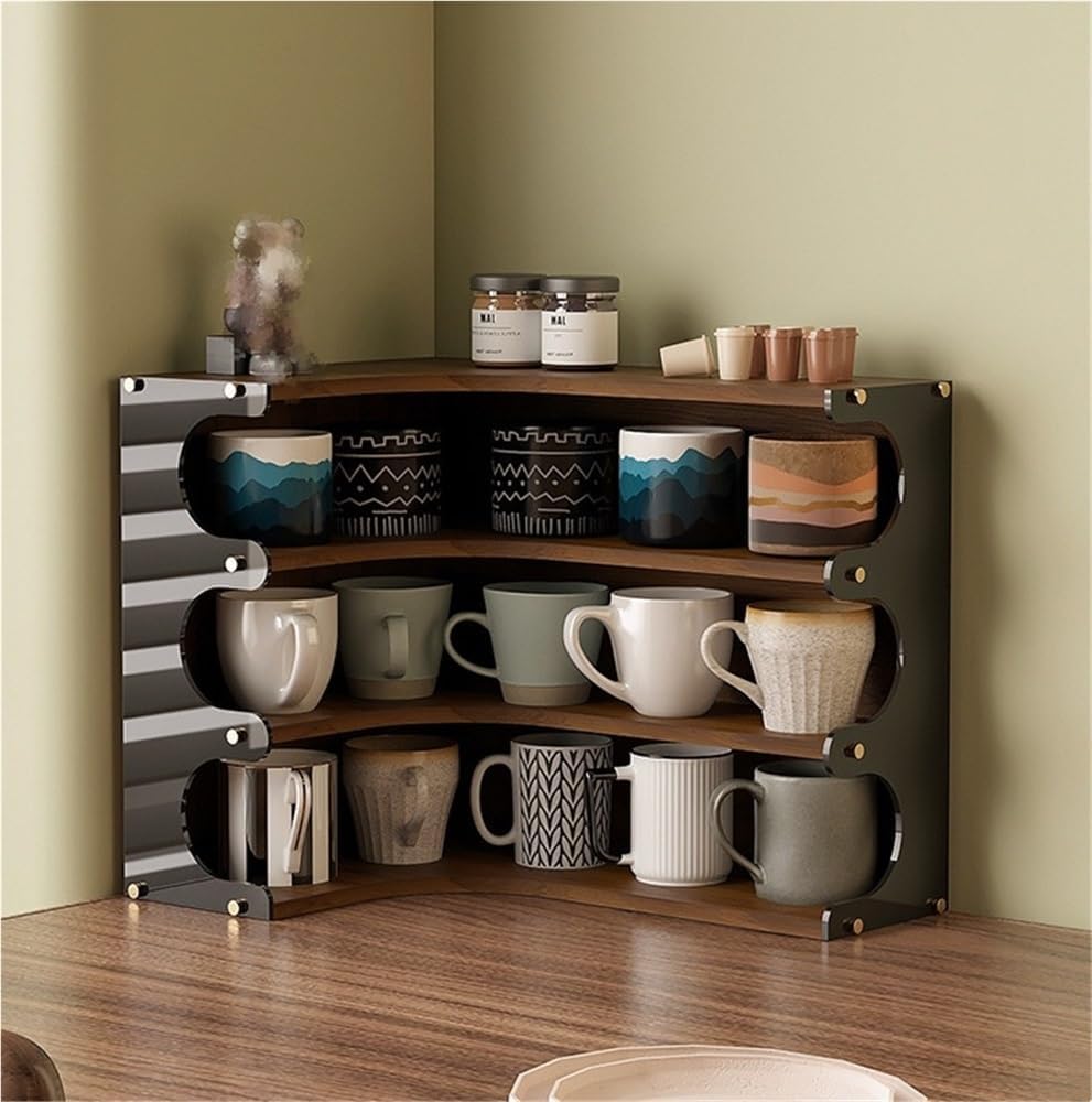 Mug Holder with Acrylic Side Panel, Multi-Layer Coffee Cup Holder, Cup Organizer for Kitchen Cabinets, Multi-Functional Countertop Storage Rack, Perfume Organizer, Spice Rack(Brown