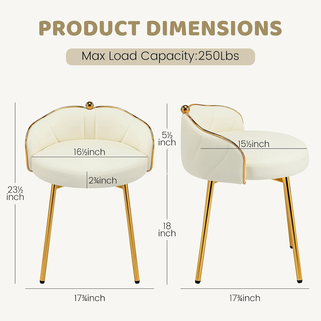 Beige Low Back Leather Vanity Chair, Armless Makeup Stool with Gold Legs No Wheels for Bedroom Dress Room