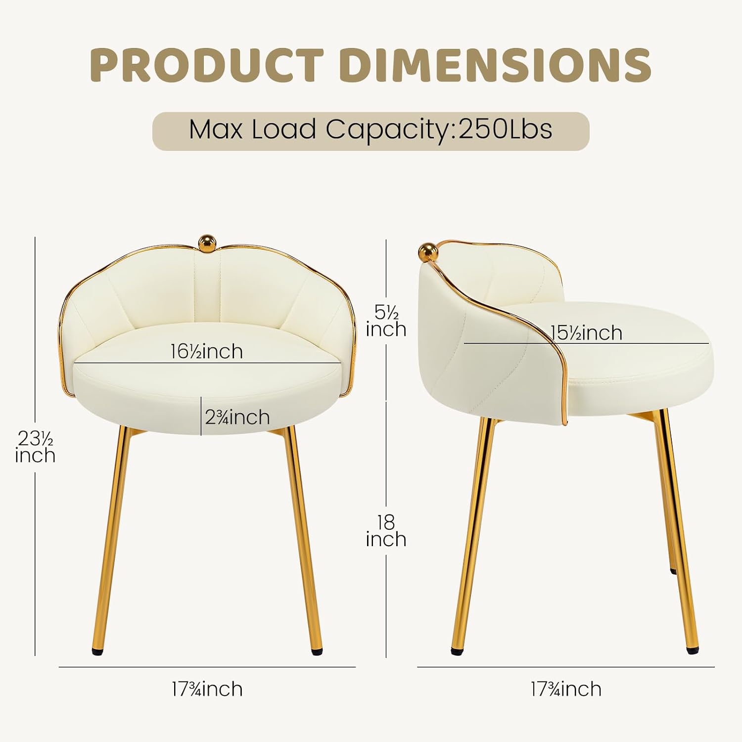 Beige Low Back Leather Vanity Chair, Armless Makeup Stool with Gold Legs No Wheels for Bedroom Dress Room