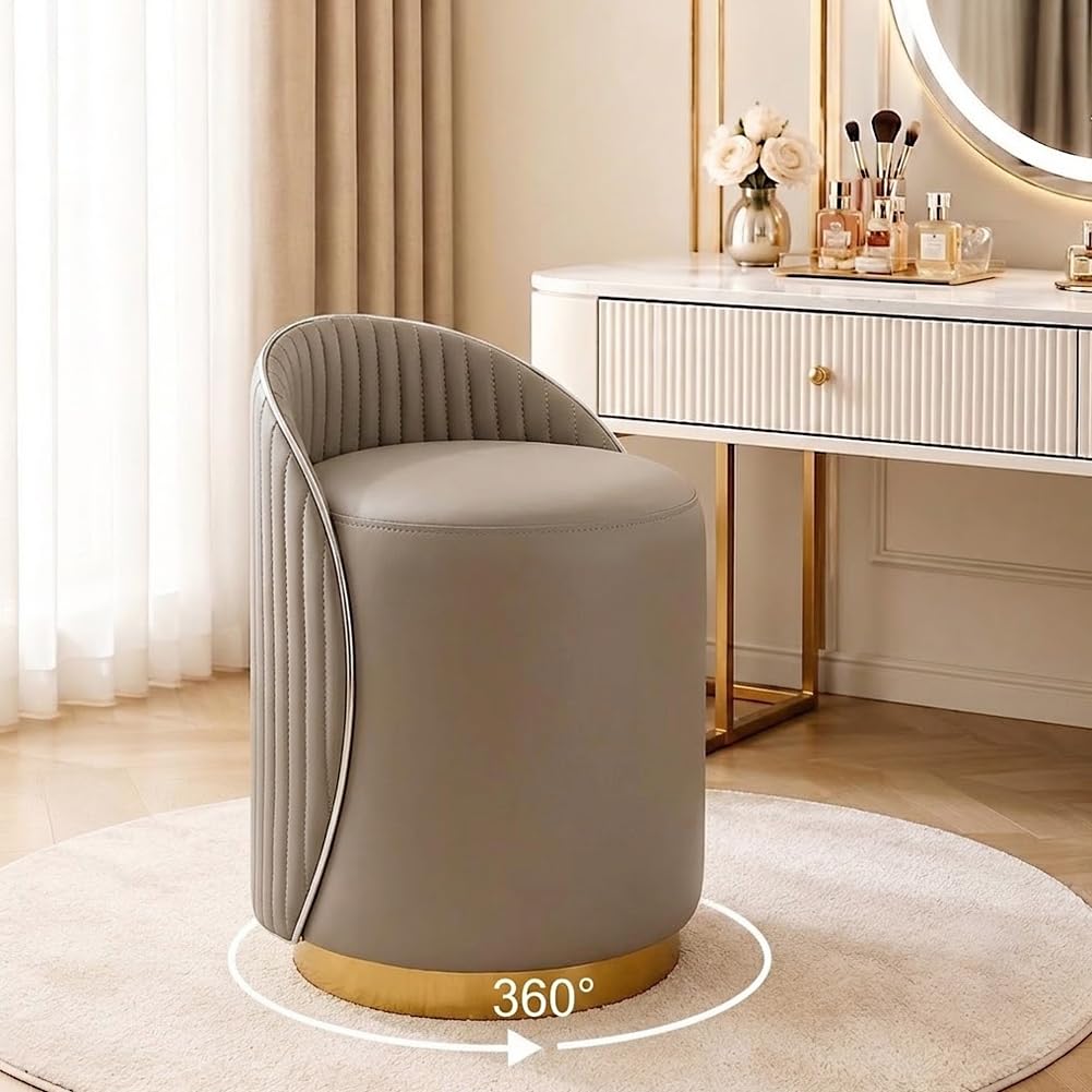 Luxury Vanity Stool with Storage, 360° Swivel Vanity Chair with Back, 400lbs Round Ottoman Leather Makeup Vanity Stool, Dressing Table Seat for Bedroom Bathroom Dressing Room (Beige- B)