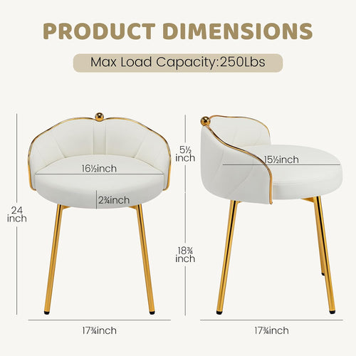 Cute Vanity Chair with Low Back, Small Makeup Desk Chair No Wheels, Modern Armless Leather Swivel Vanity Stools with Gold Legs for Vanity Bedroom Dress Room, White