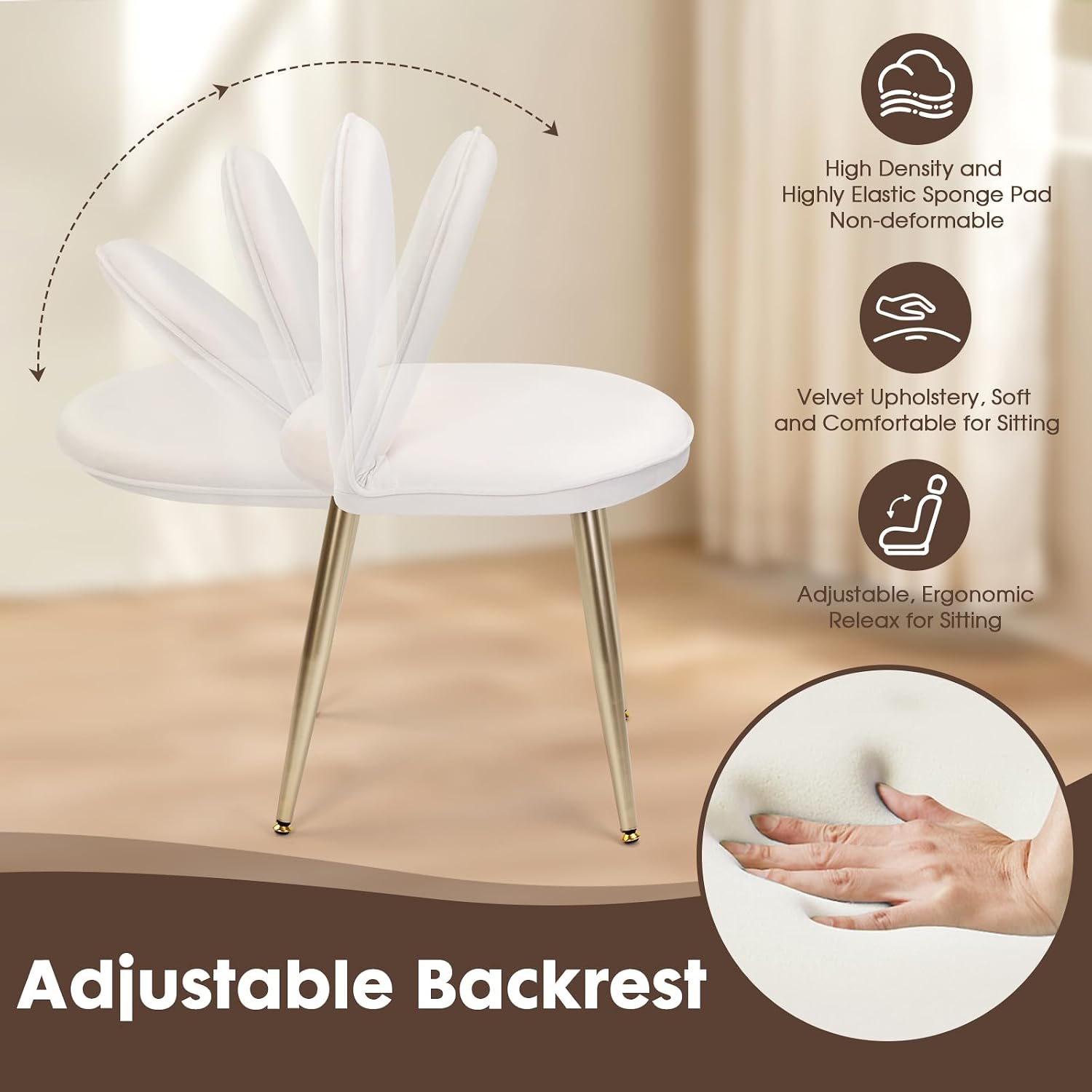 Vanity Chair with Adjustable Backrest, Velvet Upholstery Armless Makeup Stool, White Vanity Stool with Gold Metal Legs for Bedroom Living Room Kitchen Dinning Room (Velvet White)