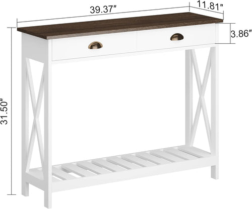ChooChoo Farmhouse Console Table with Drawer for Entryway, Narrow Long Entry Table with Shelf for Living Room, Rustic Vintage Hallway Sofa Table with Stable X Supports, 40 White