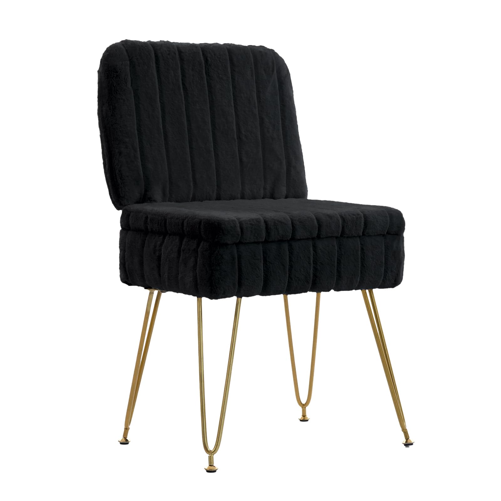 Vanity Chair with Storage, Comfy Ottoman with Folding Back, Faux Fur Vanity Stool with 4 Metal Legs for Make Up, Furry Padded Seat with Anti-Slip Feet for Bedroom Dressing Room