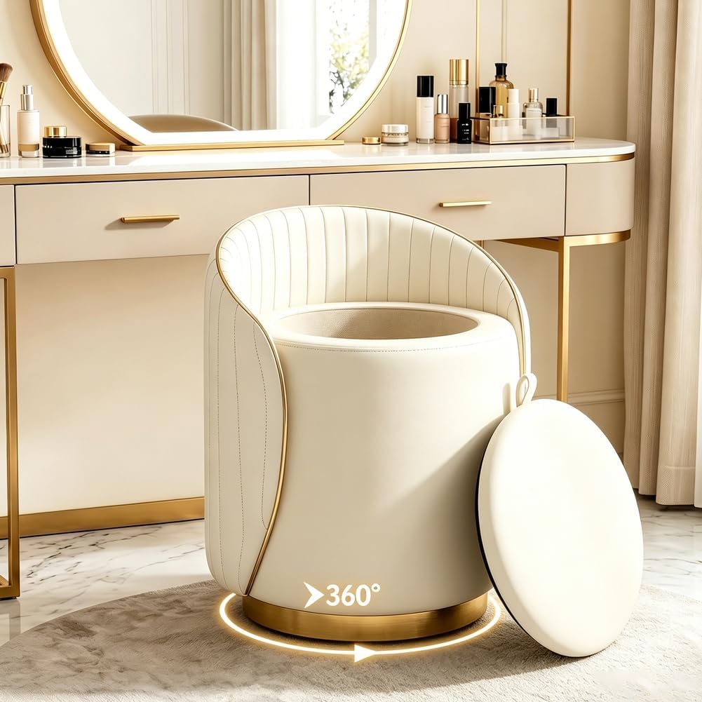 Luxury Vanity Stool with Storage, 360° Swivel Vanity Chair with Back, 400lbs Round Ottoman Leather Makeup Vanity Stool, Dressing Table Seat for Bedroom Bathroom Dressing Room (Beige- B)