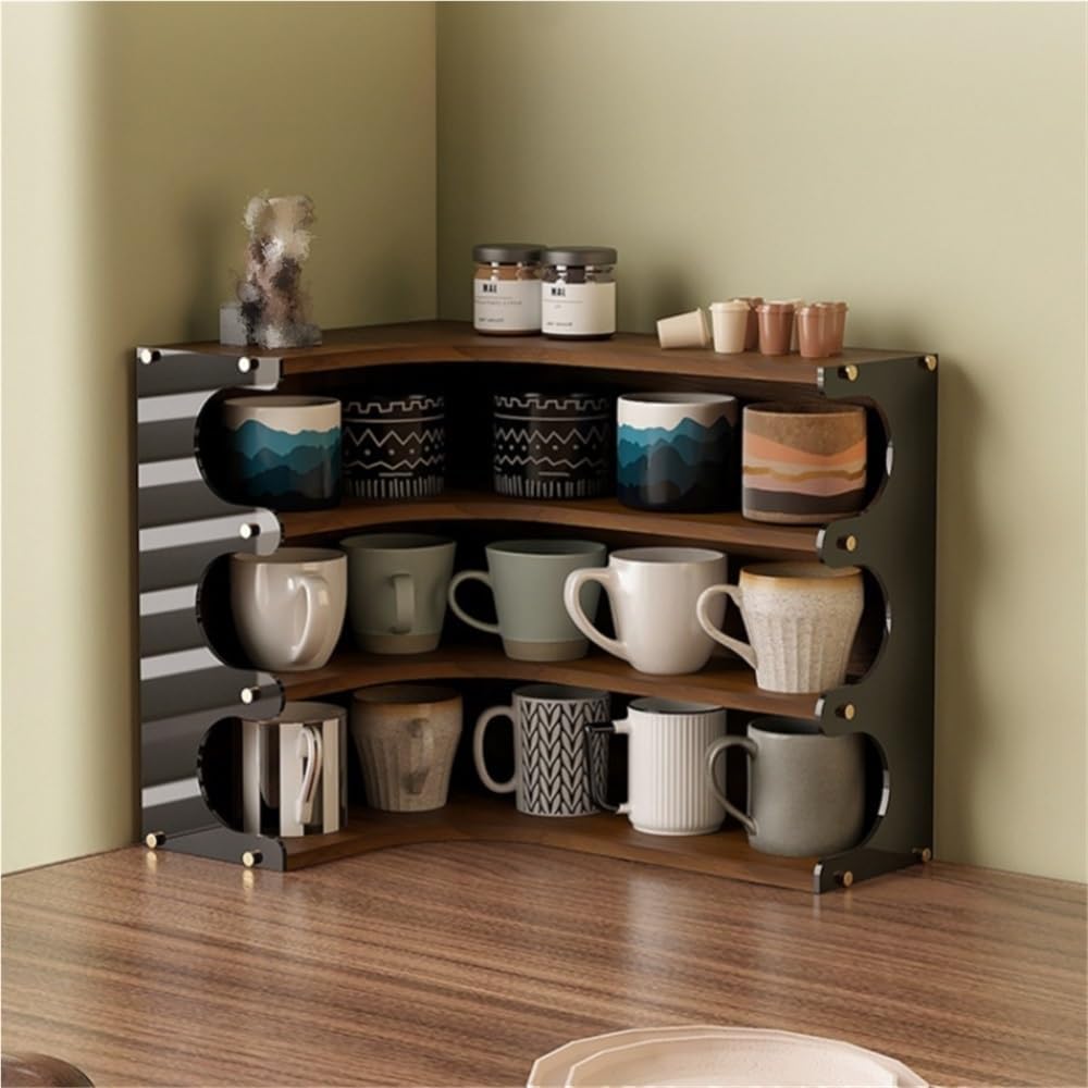Mug Holder with Acrylic Side Panel, Multi-Layer Coffee Cup Holder, Cup Organizer for Kitchen Cabinets, Multi-Functional Countertop Storage Rack, Perfume Organizer, Spice Rack(Brown
