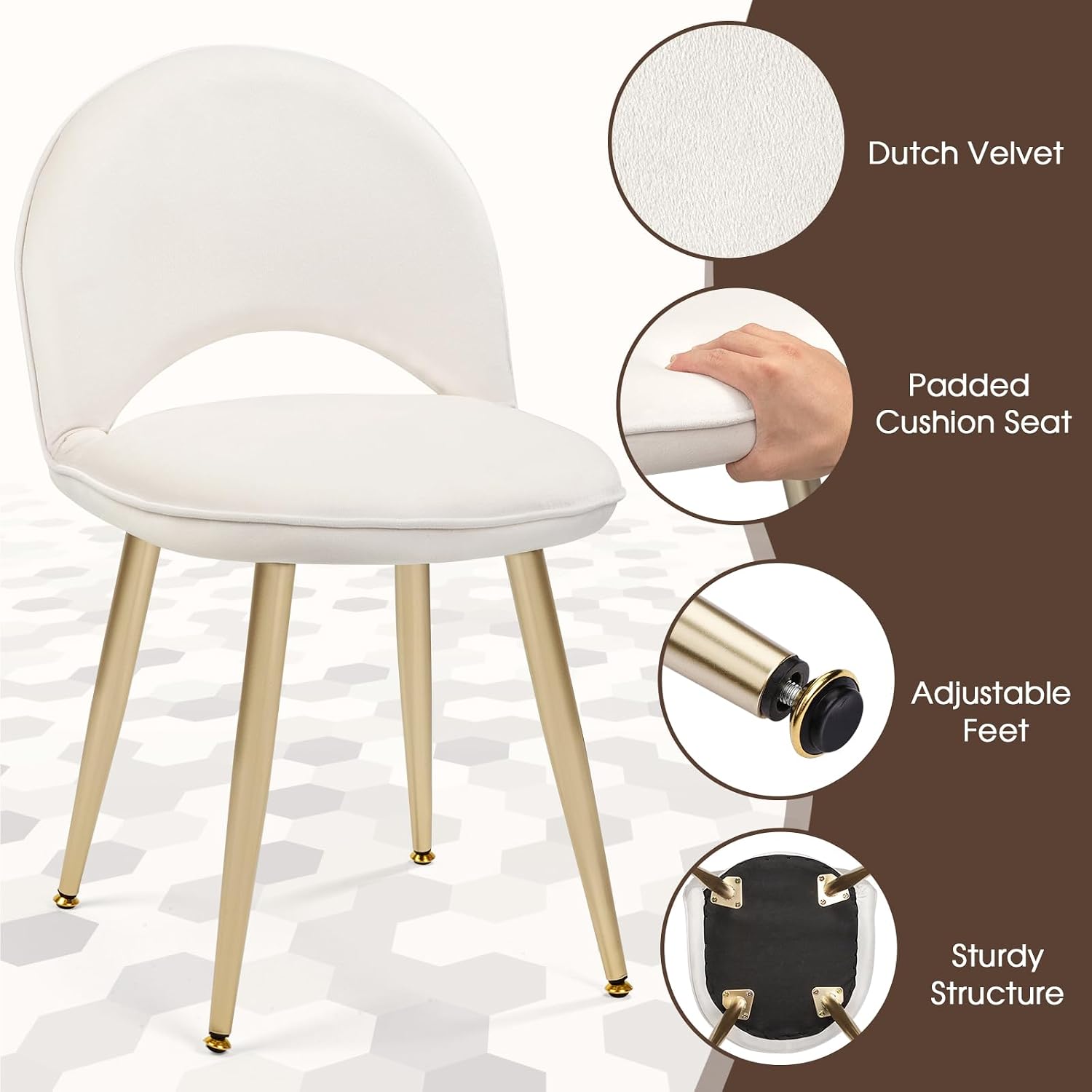 Vanity Chair with Adjustable Backrest, Velvet Upholstery Armless Makeup Stool, White Vanity Stool with Gold Metal Legs for Bedroom Living Room Kitchen Dinning Room (Velvet White)
