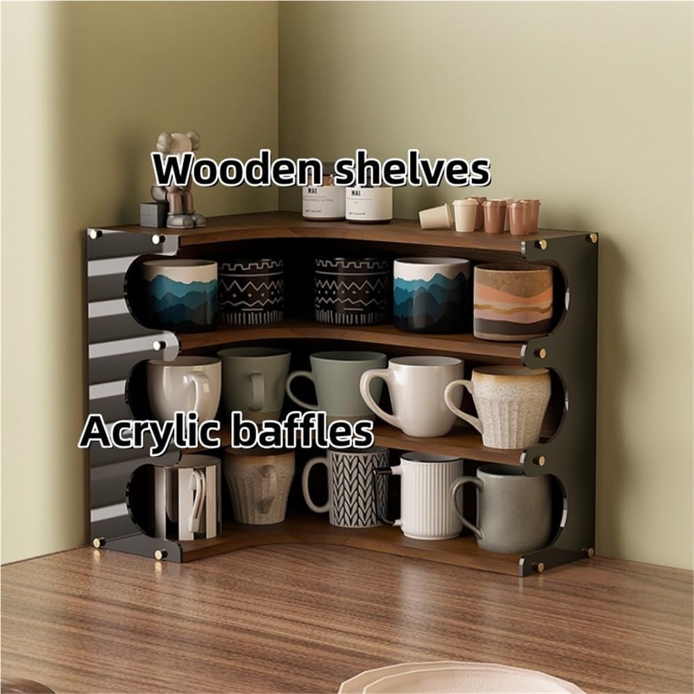 Mug Holder with Acrylic Side Panel, Multi-Layer Coffee Cup Holder, Cup Organizer for Kitchen Cabinets, Multi-Functional Countertop Storage Rack, Perfume Organizer, Spice Rack(Brown