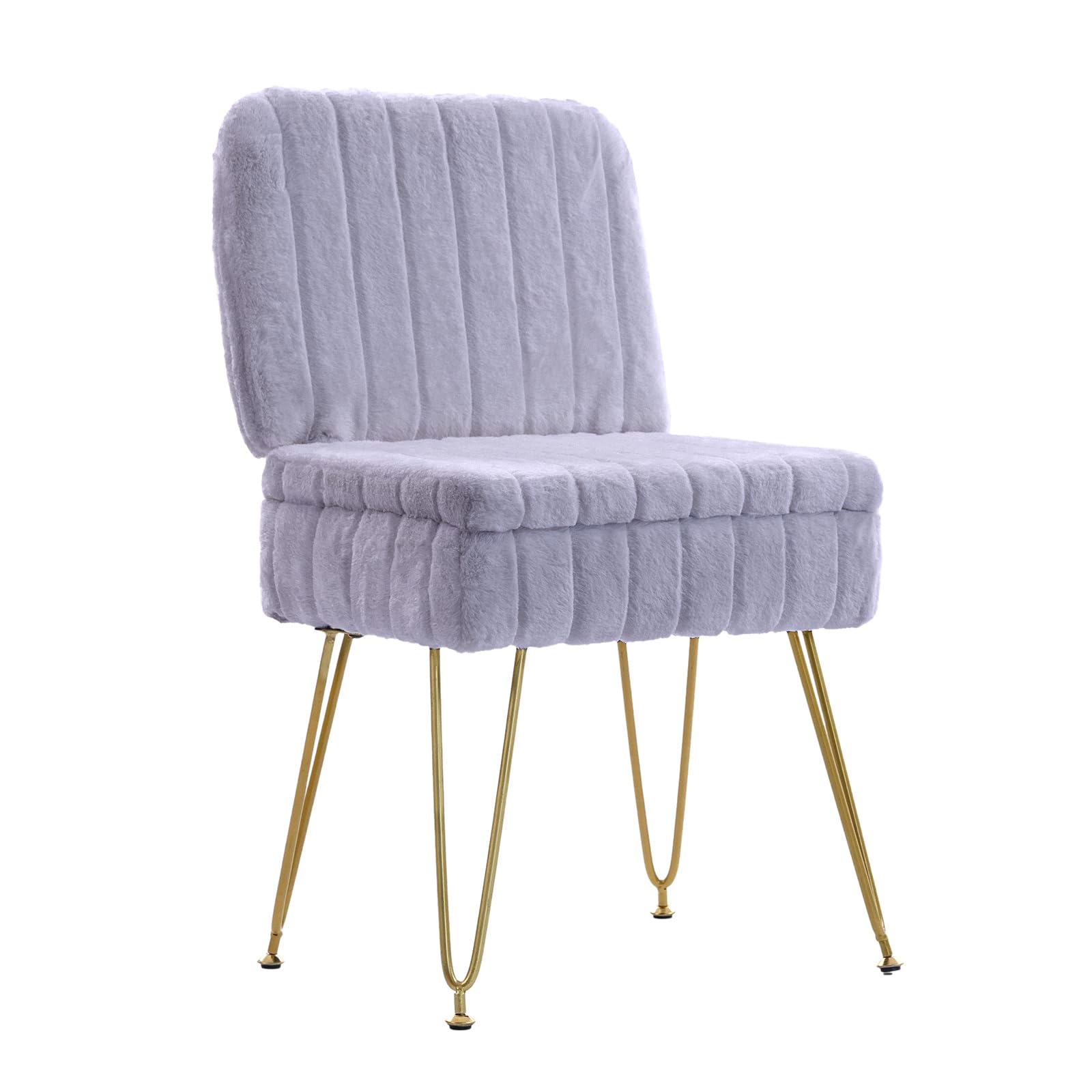 Vanity Chair with Storage, Comfy Ottoman with Folding Back, Faux Fur Vanity Stool with 4 Metal Legs for Make Up, Furry Padded Seat with Anti-Slip Feet for Bedroom Dressing Room
