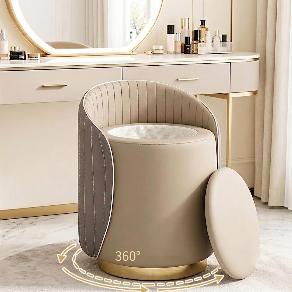 Luxury Vanity Stool with Storage, 360° Swivel Vanity Chair with Back, 400lbs Round Ottoman Leather Makeup Vanity Stool, Dressing Table Seat for Bedroom Bathroom Dressing Room (Beige- B)