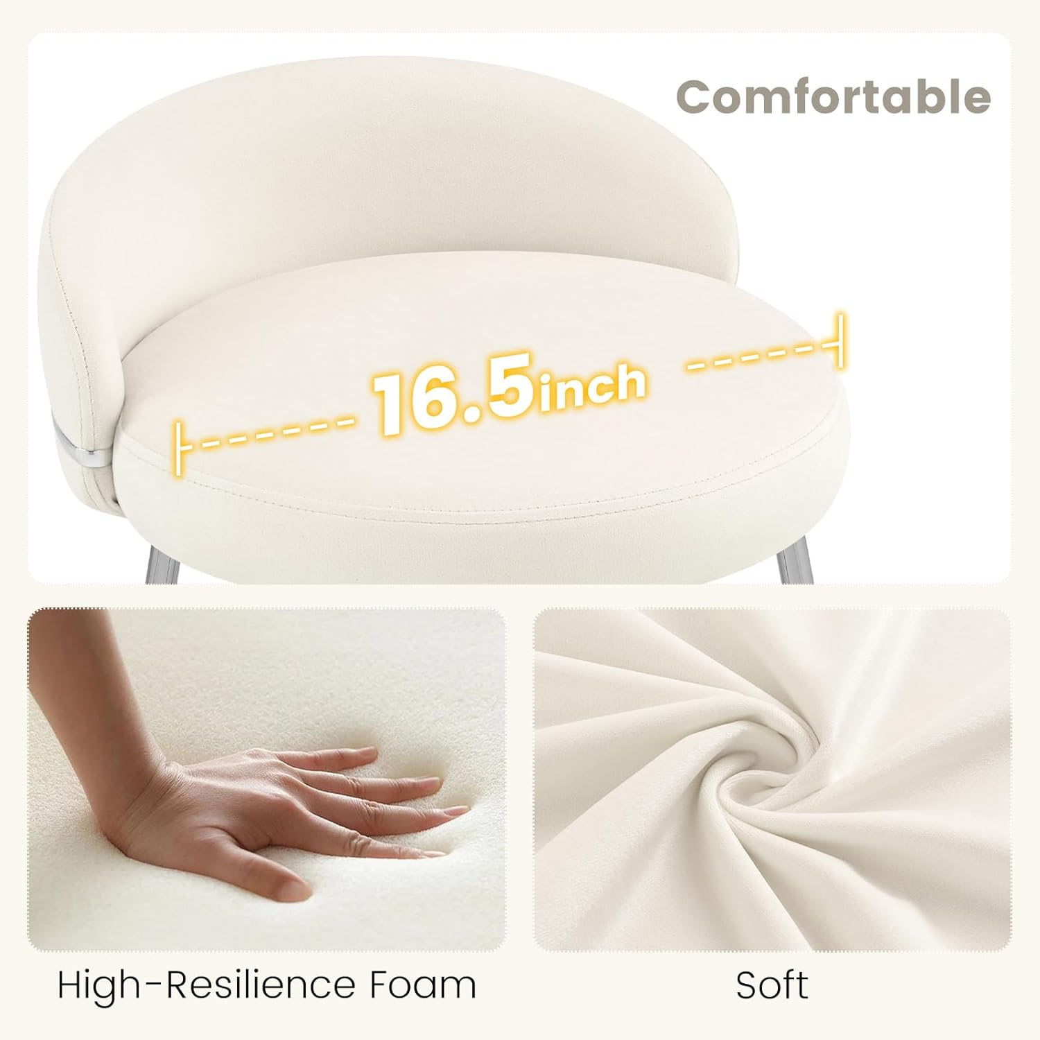 Velvet Vanity Chair with Soft Seat Matel Legs, Cute Makeup Desk Chair for Small Space, Upholstered Modern Vanity Stool with Low Back for Makeup Room Bedroom Dressing Room, Beige