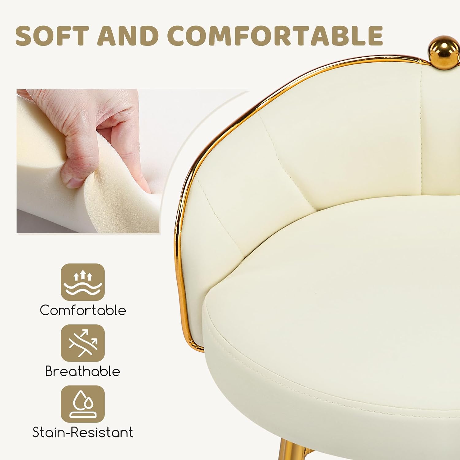 Beige Low Back Leather Vanity Chair, Armless Makeup Stool with Gold Legs No Wheels for Bedroom Dress Room