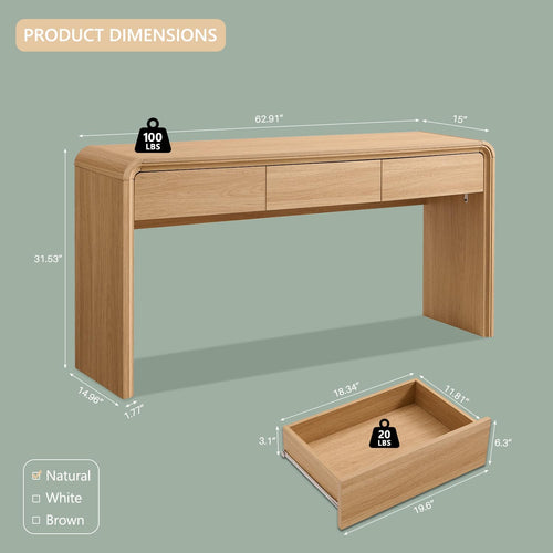 63" Natural Curved Console Table with 3 Drawers, Narrow Sofa Table for Foyer Hallway
