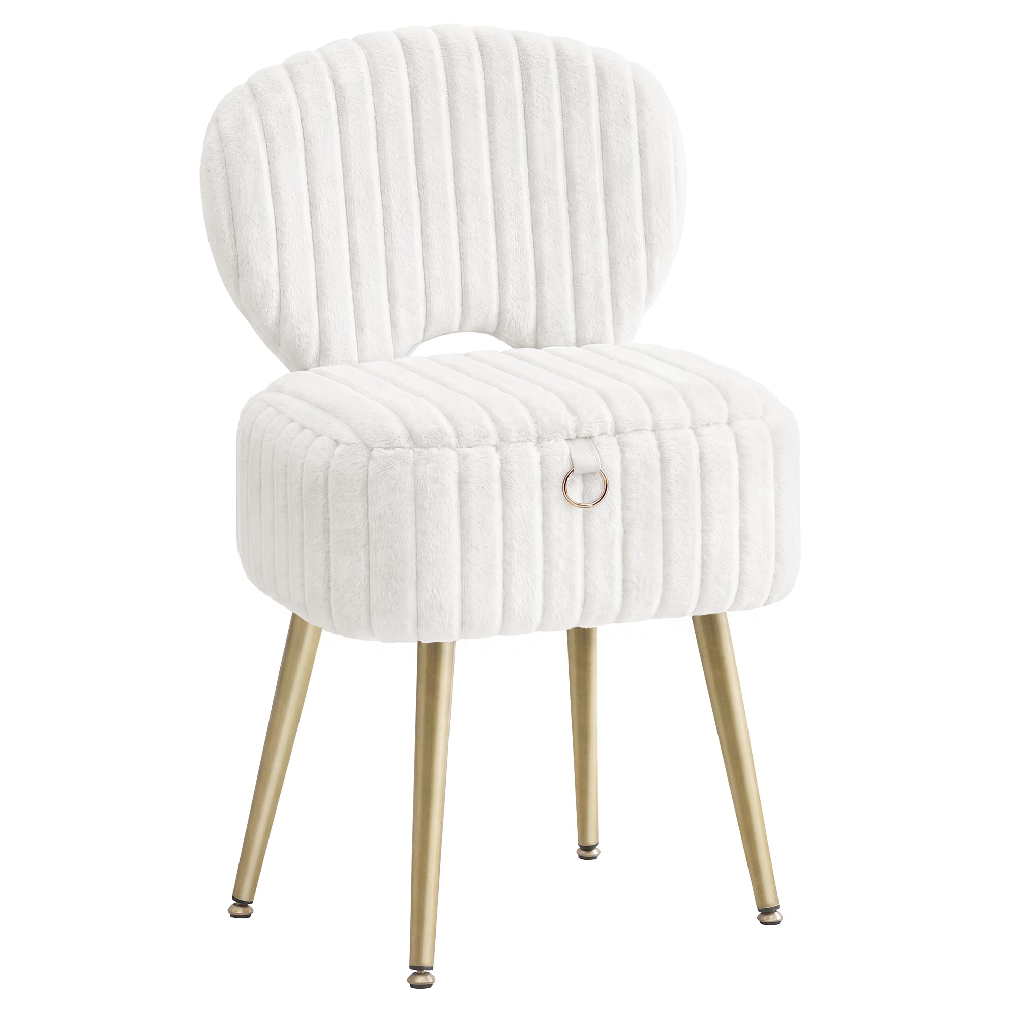 SONGMICS Small Vanity Chair with Storage and Folding Back, Vanity Stool, Footrest Footstool Ottoman, Dressing Table Stool, Furry Padded Seat, for Makeup Room, Bedroom, Ink Black ULOM532BH01
