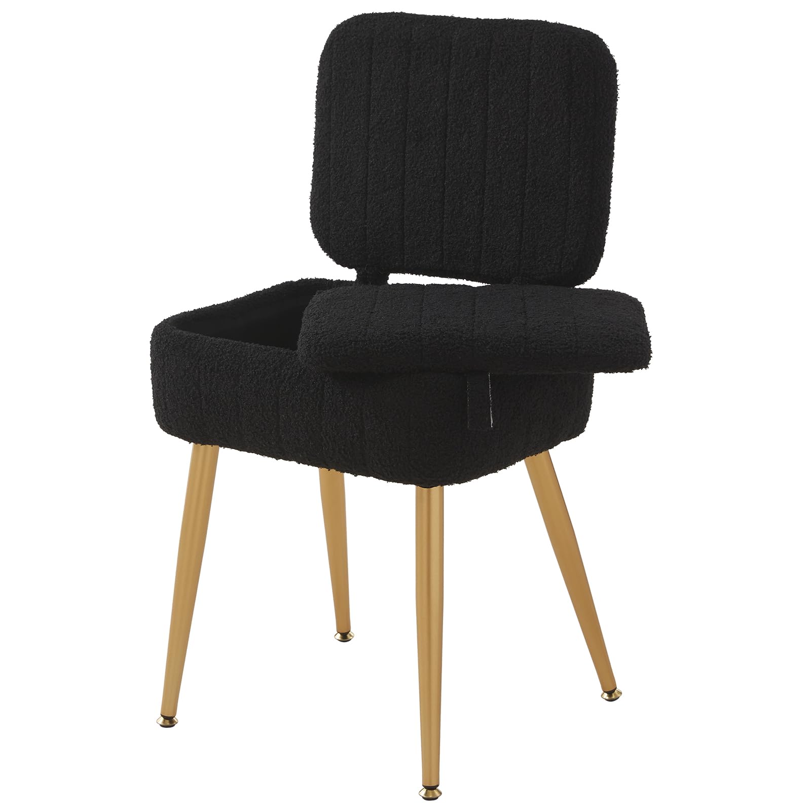 Updated Vanity Chair, Storage Ottoman with Folding Back & Gold-Toned Metal Legs, Ottoman Seat with Teddy Velvet for Dressing Room Living Room Bedroom, 15" x 12" Inch