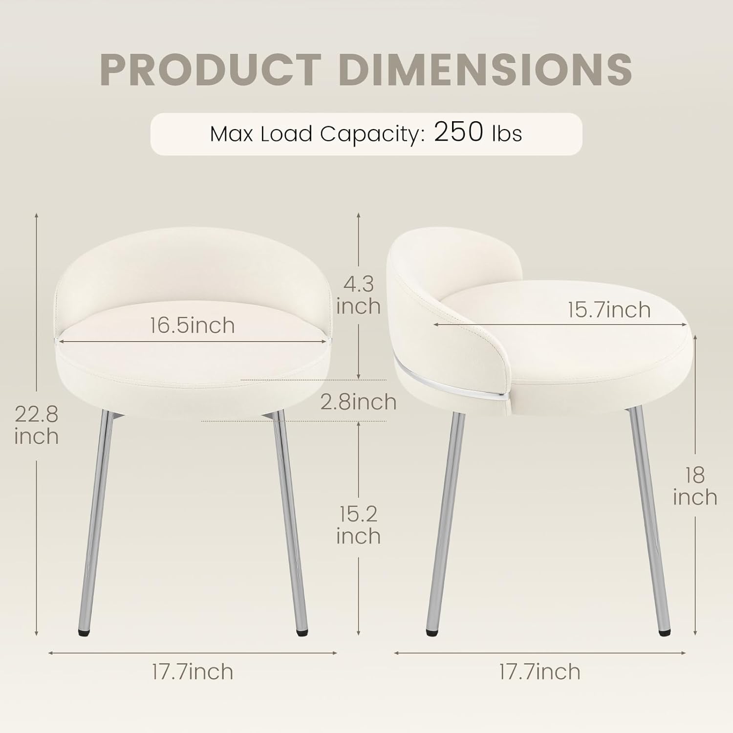 Velvet Vanity Chair with Soft Seat Matel Legs, Cute Makeup Desk Chair for Small Space, Upholstered Modern Vanity Stool with Low Back for Makeup Room Bedroom Dressing Room, Beige