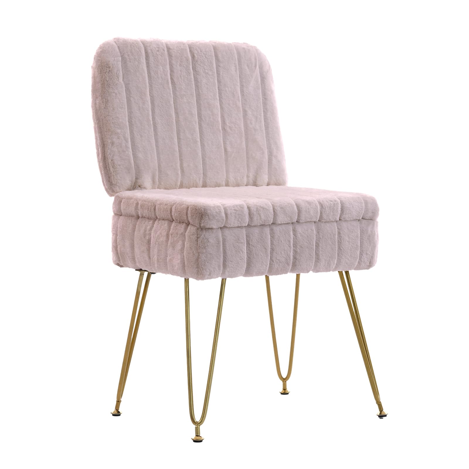 Vanity Chair with Storage, Comfy Ottoman with Folding Back, Faux Fur Vanity Stool with 4 Metal Legs for Make Up, Furry Padded Seat with Anti-Slip Feet for Bedroom Dressing Room