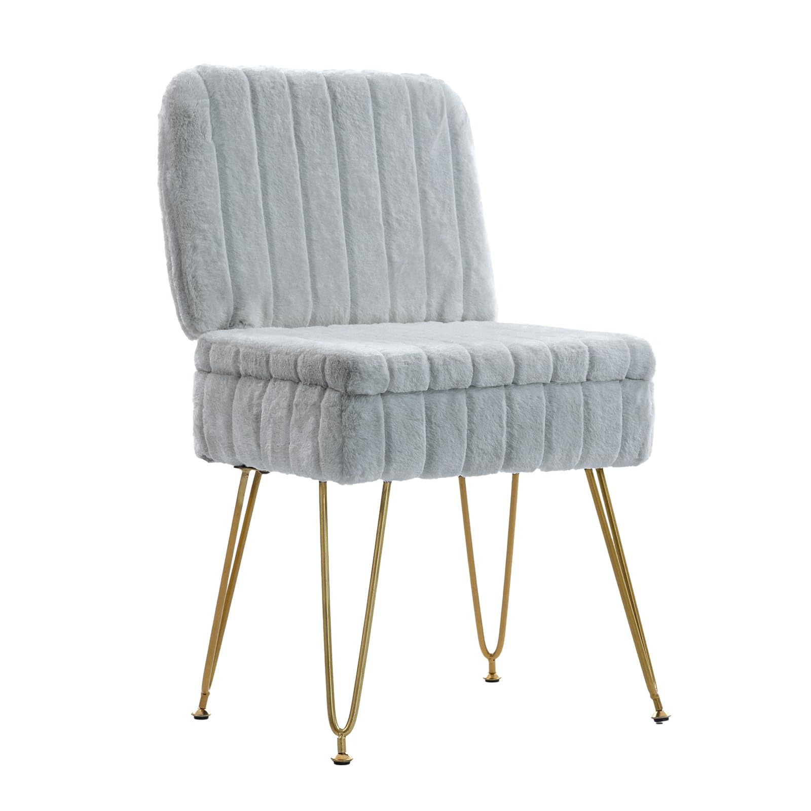 Vanity Chair with Storage, Comfy Ottoman with Folding Back, Faux Fur Vanity Stool with 4 Metal Legs for Make Up, Furry Padded Seat with Anti-Slip Feet for Bedroom Dressing Room