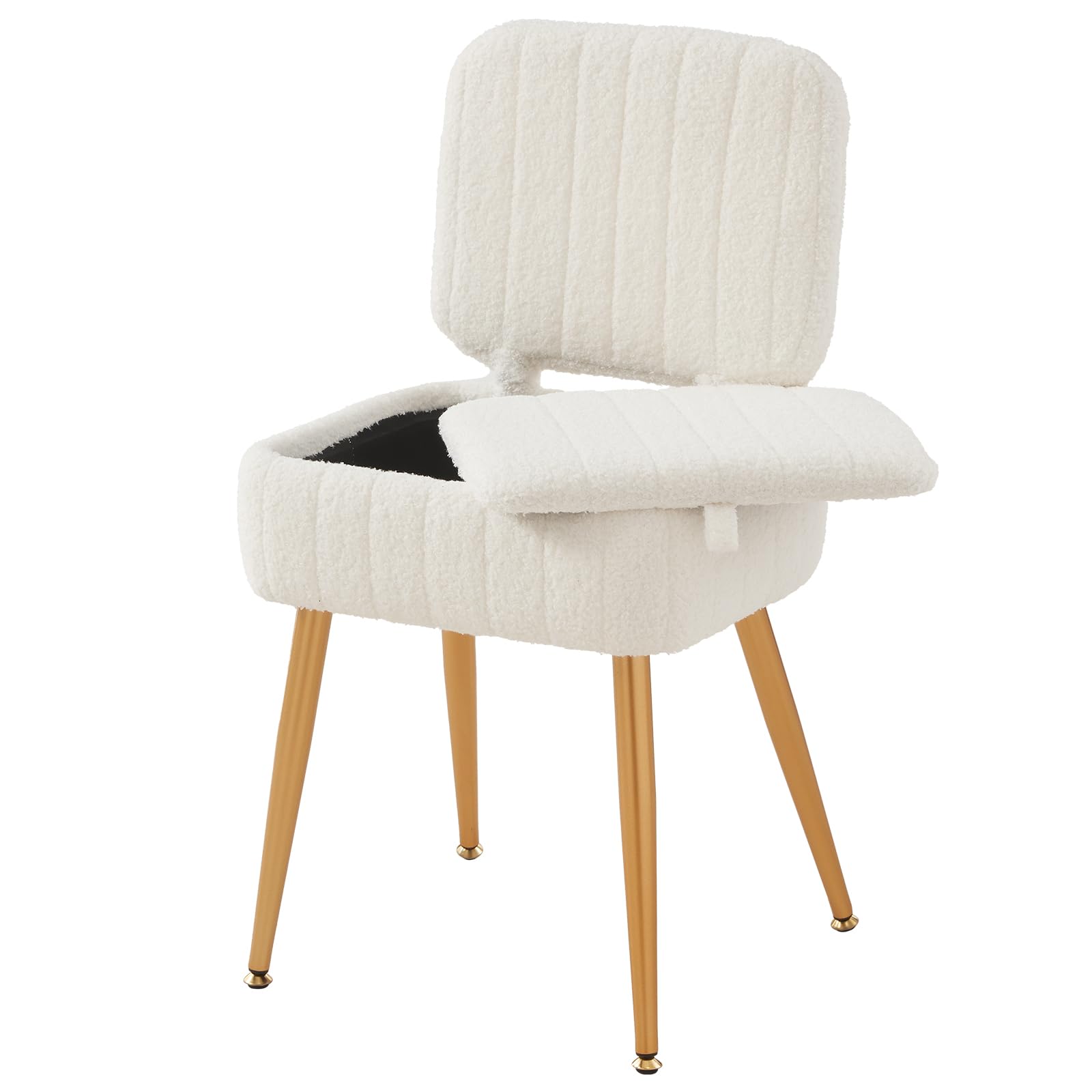 Updated Vanity Chair, Storage Ottoman with Folding Back & Gold-Toned Metal Legs, Ottoman Seat with Teddy Velvet for Dressing Room Living Room Bedroom, 15" x 12" Inch