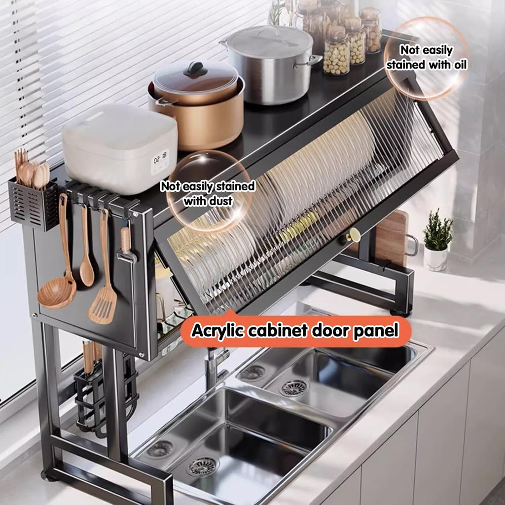 Kitchen steel over the sink dish drying rack, drainer racks for counter, Includes chopsticks, knife, cutting board holder, Acrylic cabinet doors,Organization Storage.(55 * 30 * 70cm)