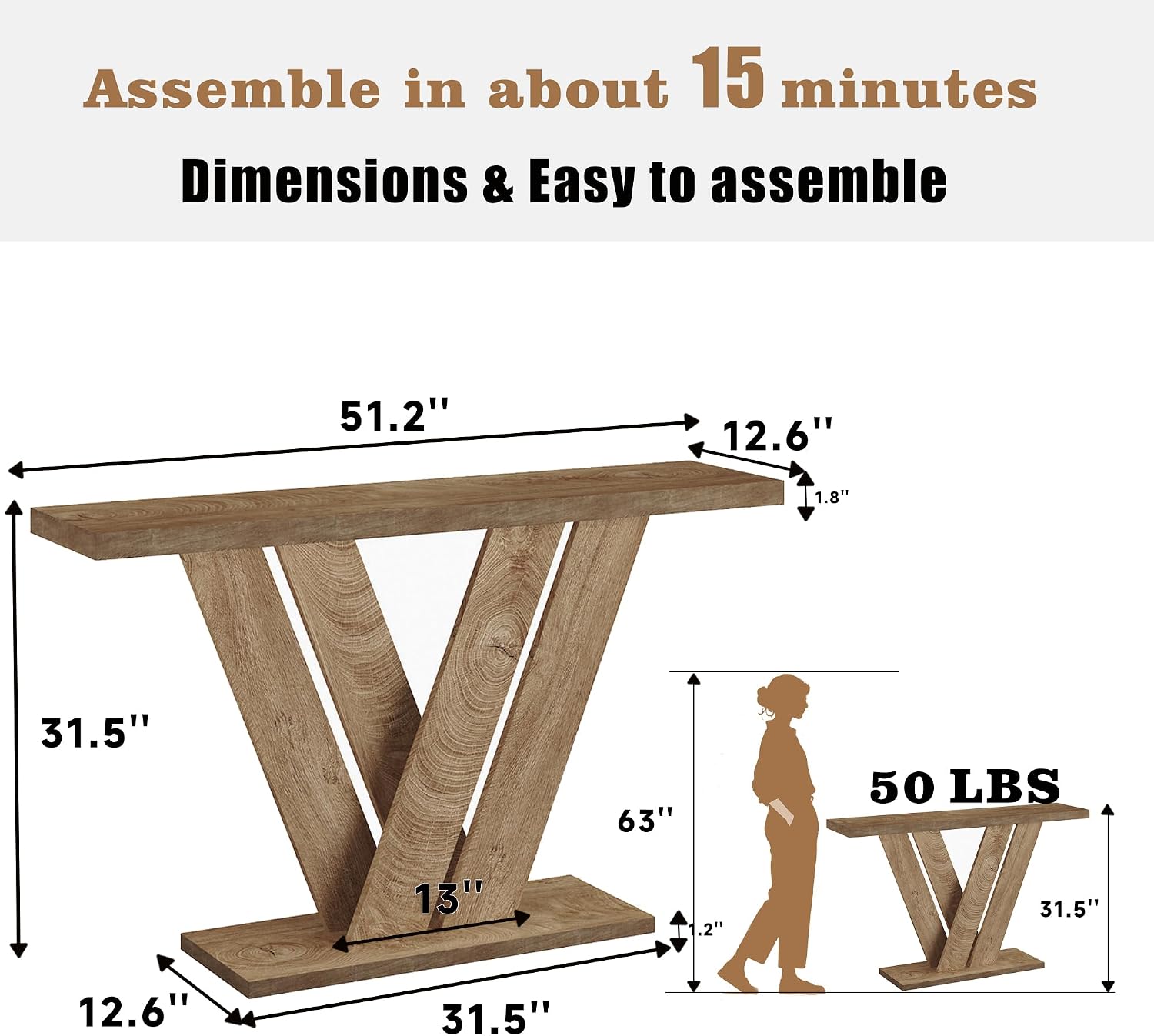 karlott 51 Inch Console Table, Modern V-Shaped Entryway Table, Wood Sofa Table Behind The Couch for Living Room, Hallway, Entrance, Foyer, Easy Assembly, Brown