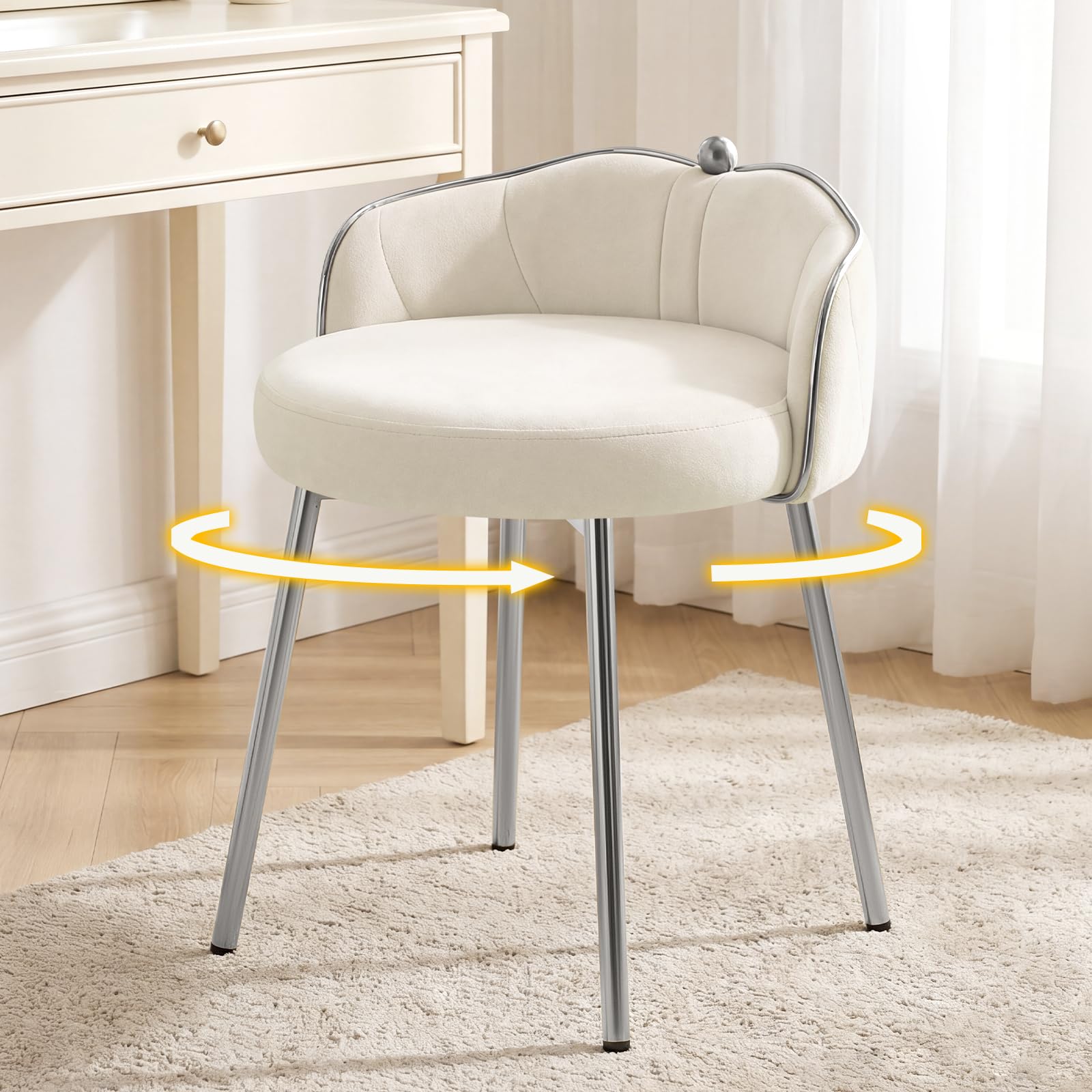 Cute Vanity Chair with Low Back, Small Makeup Desk Chair No Wheels, Modern Armless Leather Swivel Vanity Stools with Gold Legs for Vanity Bedroom Dress Room, White
