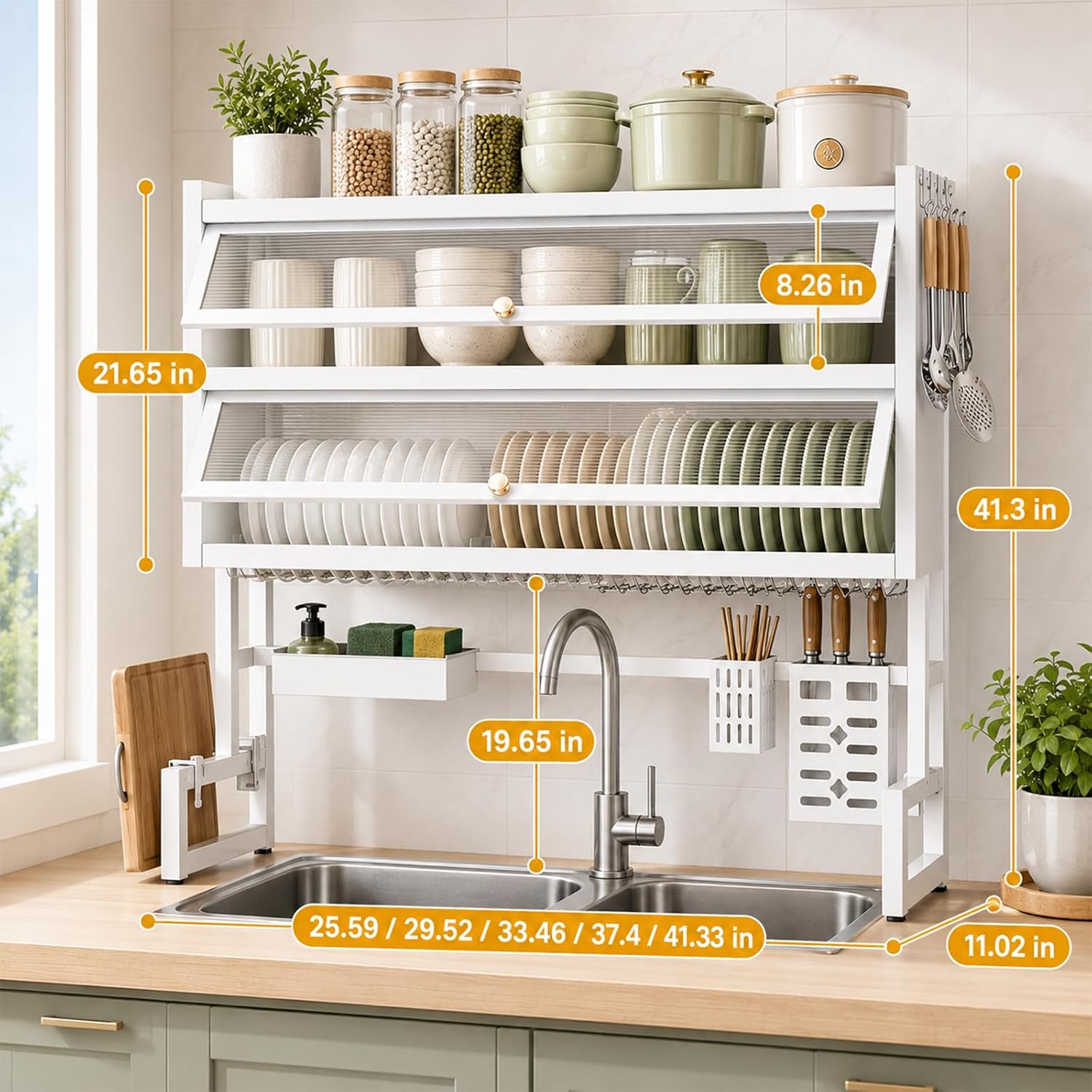 Over the Sink Dish Drying Rack with Dustproof Cover, 3 Tier Carbon Steel Dish Drainer, Over the Sink Dish Draining Rack, Bowls, Glasses & Cutlery White 41.33in
