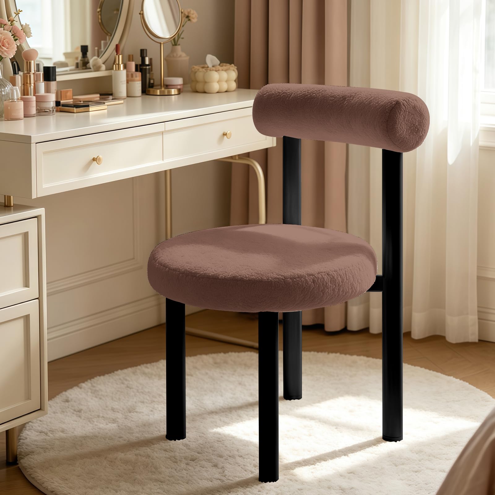 Cute Small Armless Desk Chair, Ergonomic Comfy Vanity Chairs Lumbar Support with Back for Makeup, Teddy Fabric Computer Desk Chair for Home, Bedroom, Vanity, Teens, Adults