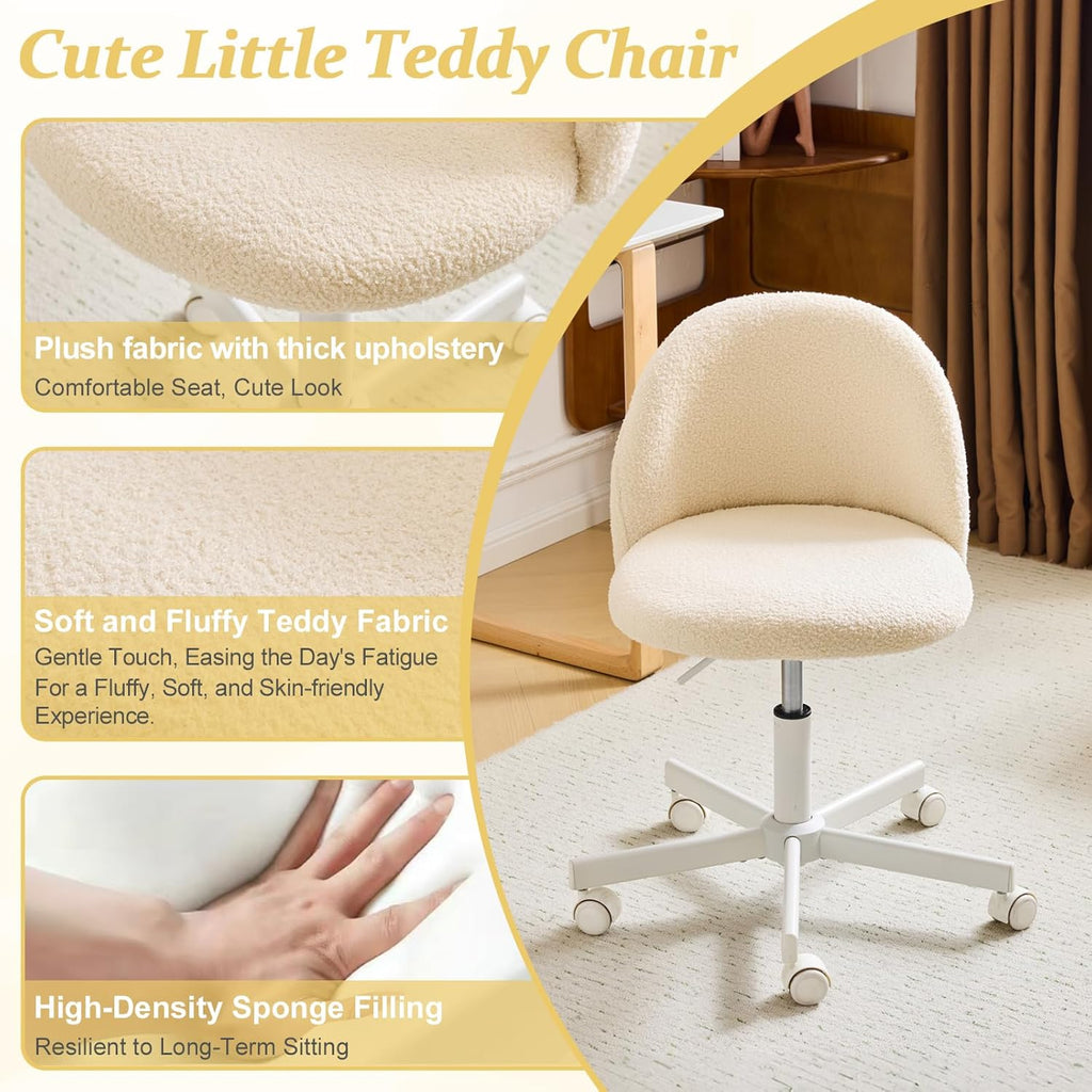 VINGLI Candy Chair Armless Cute Desk Chair,Comfy Small Office Chair with Wheels,Vanity Chair Lumbar Support,Teddy Adjustable Rolling Swivel Computer Task Chair for Home Office,Bedroom,Creamy Beige