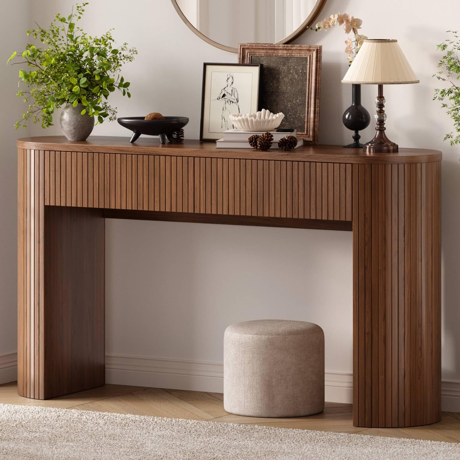 55 Inch Console Table with 2 Drawers, Fluted Entryway Tables with Storage, Sofa Table Behind The Couch, Hallway Tables, Mid-Century Modern Foyer Table for Entryway, Hallway, Living Room, Walnut