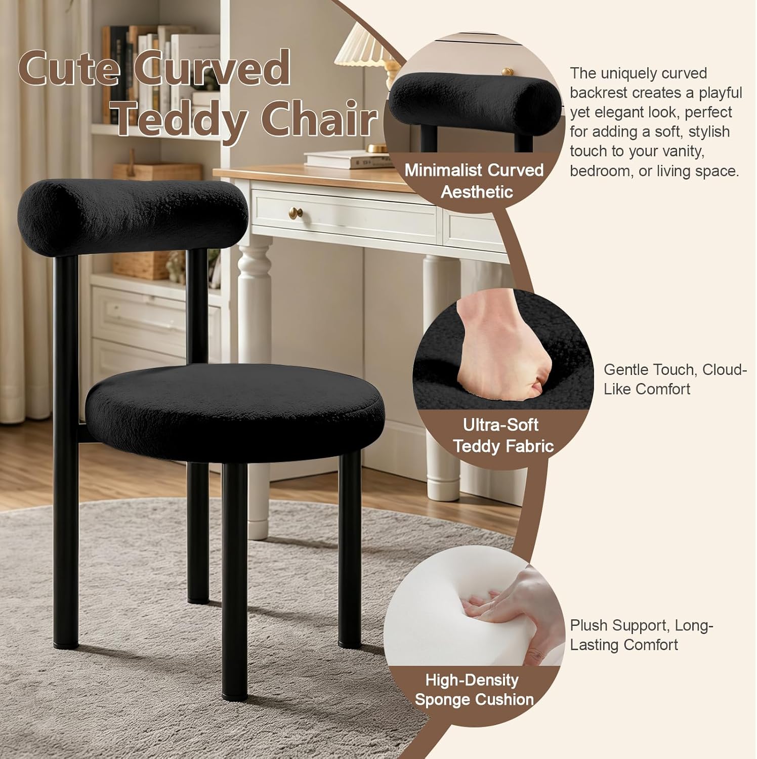 Cute Small Armless Desk Chair, Ergonomic Comfy Vanity Chairs Lumbar Support with Back for Makeup, Teddy Fabric Computer Desk Chair for Home, Bedroom, Vanity, Teens, Adults