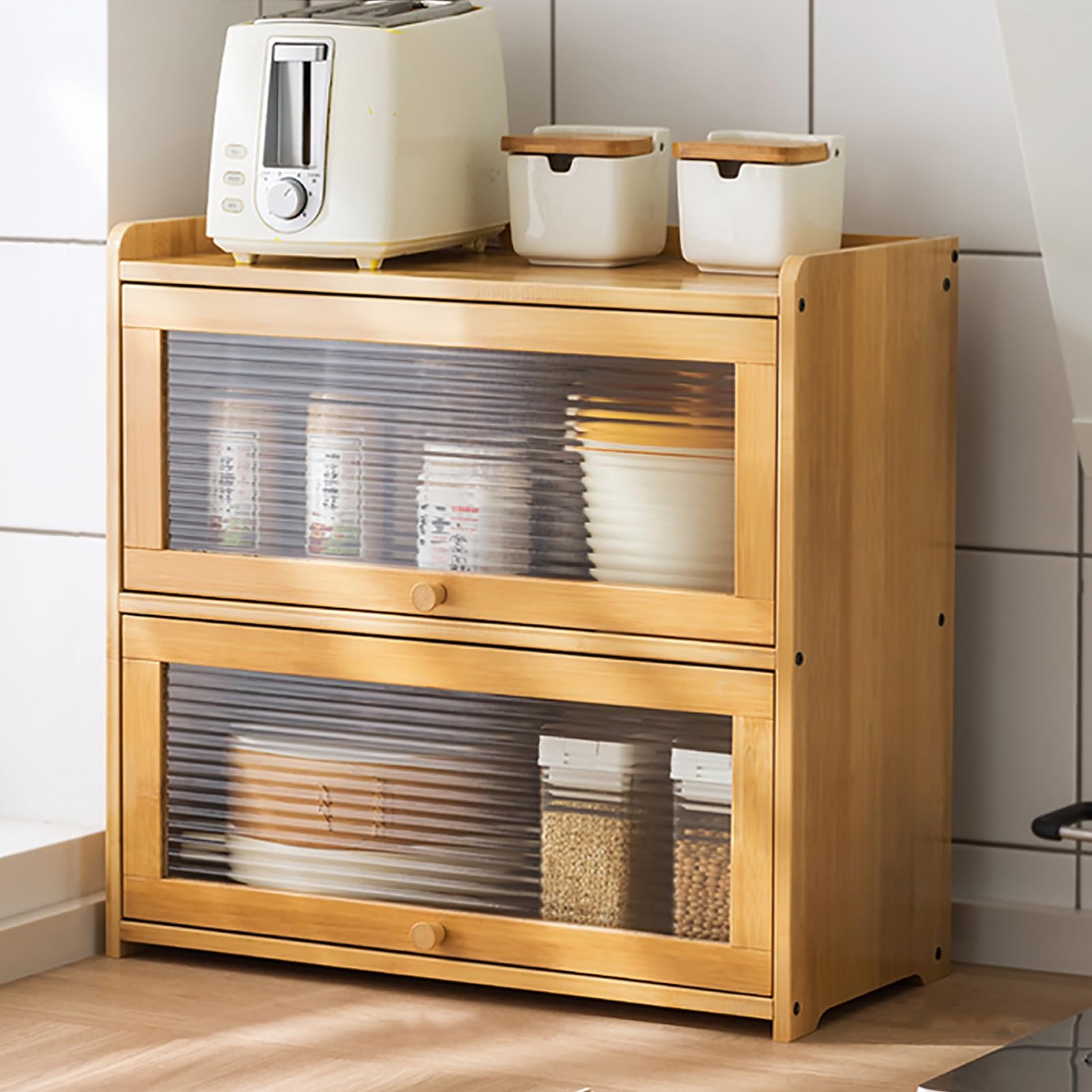 3-Tier Bamboo Kitchen Storage Cabinet with Acrylic Doors, Countertop Sideboard Organizer for Dishes Spices Bowls