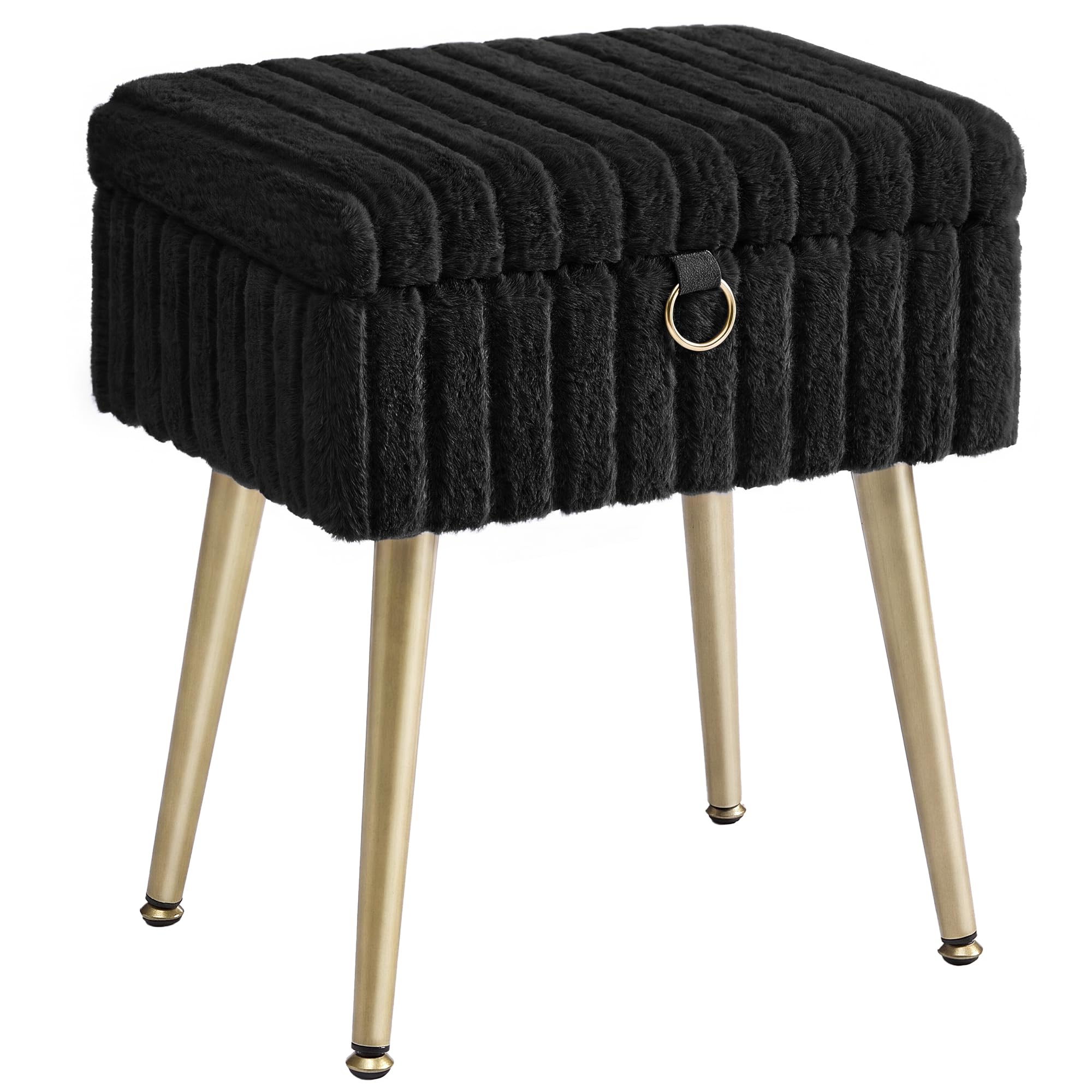SONGMICS Small Vanity Chair with Storage and Folding Back, Vanity Stool, Footrest Footstool Ottoman, Dressing Table Stool, Furry Padded Seat, for Makeup Room, Bedroom, Ink Black ULOM532BH01