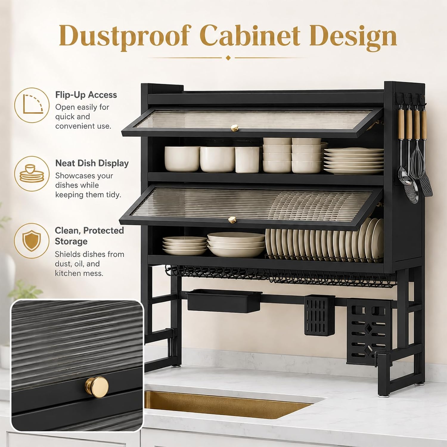 Over The Sink Dish Drying Rack with Dustproof Cover, 3 Tier Carbon Steel Dish Drainer, Piano Lacquer Finish, Space Saving Kitchen Organizer for Dishes, Bowls & Glasses (Black)