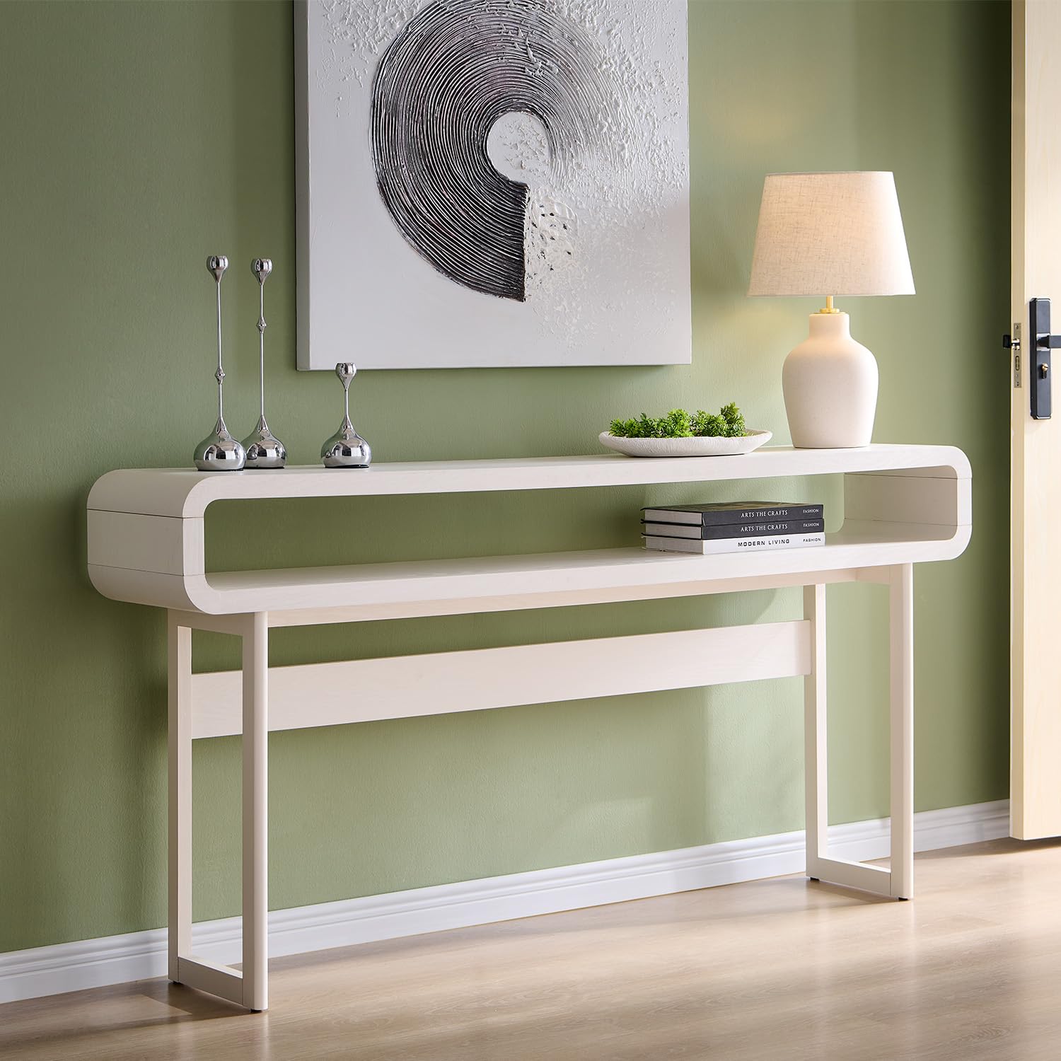IFGET 63-Inch Long Console Table, 31.5" Tall Modern Entryway Table with Open Storage Shelf, Curved Profile Design, Narrow Wood Sofa Table Behind Couch Table for Living Room, Hallway,Foyer, Natural Oak
