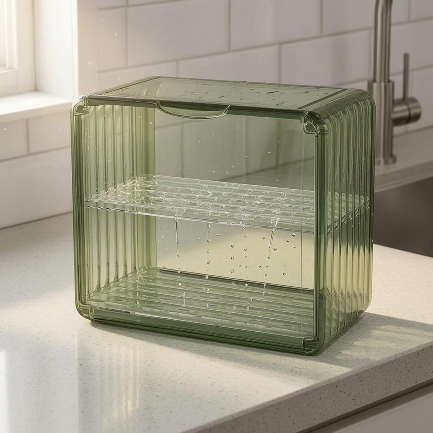 Gralara 2-Tier Cup Rack Transparent Draining Cup Stand Open Front 2-Tier Mug Rack, Dark Green, Large