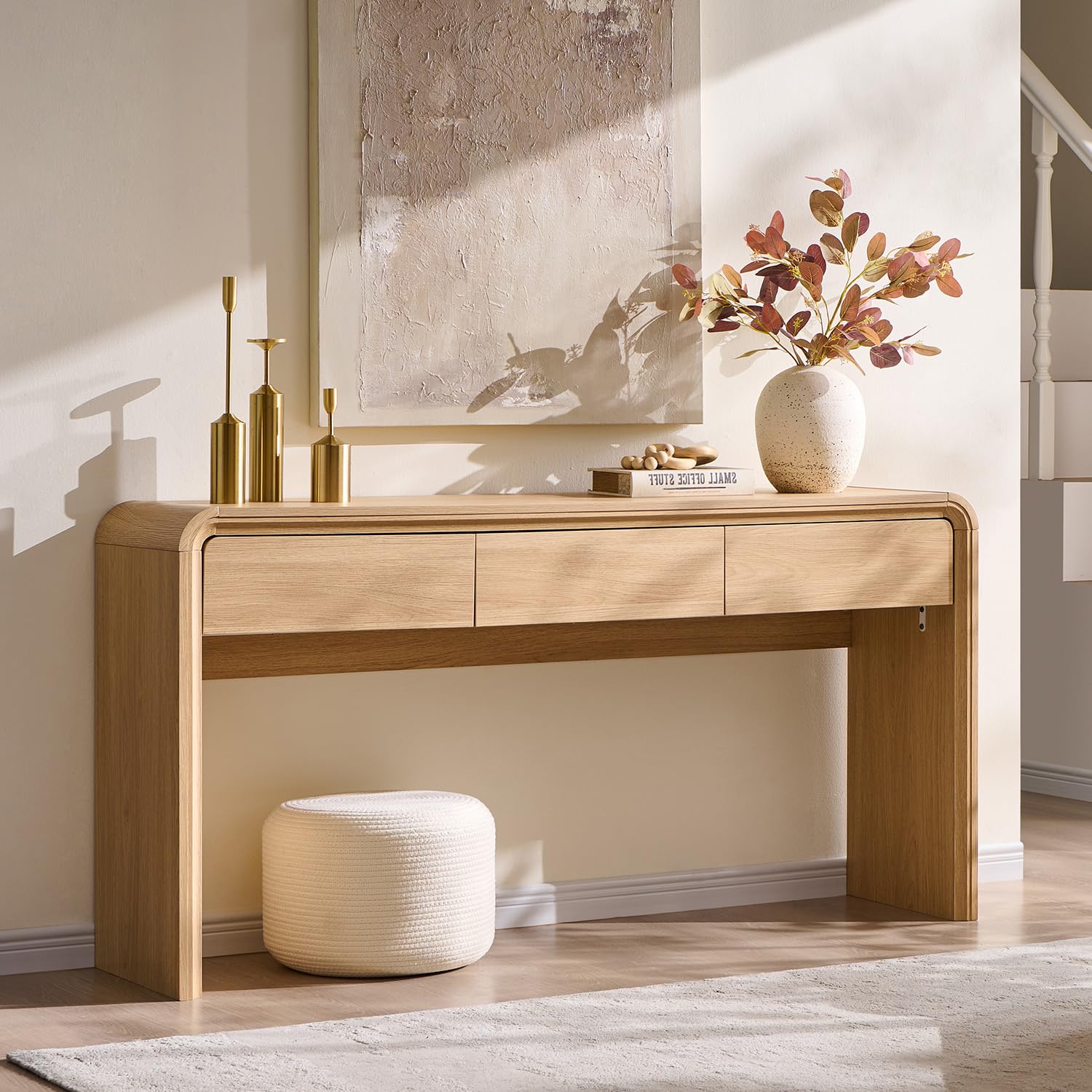 63" Natural Curved Console Table with 3 Drawers, Narrow Sofa Table for Foyer Hallway