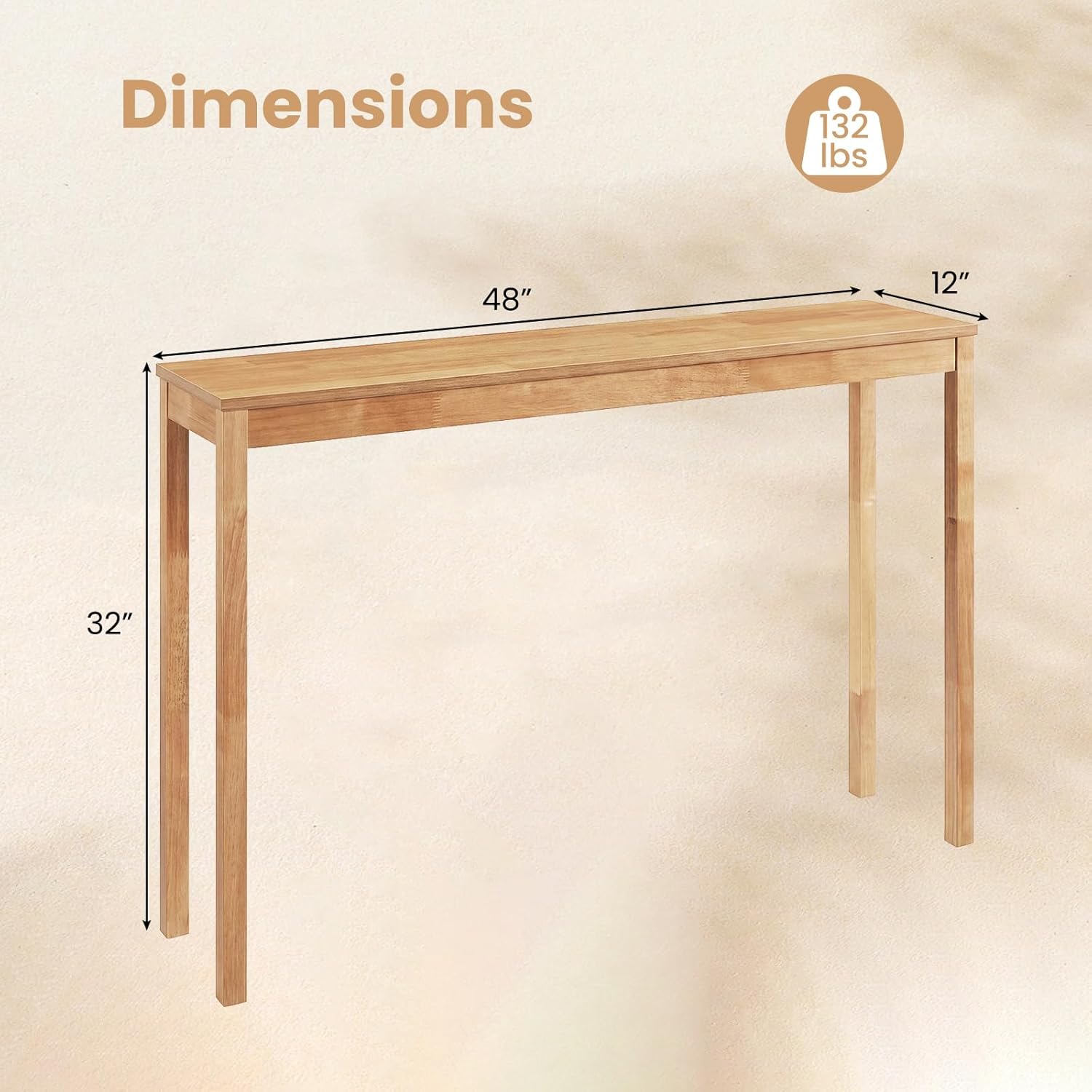 Giantex Wood Console Table, 48" Narrow Entryway Table with Solid Wood Legs & Thickened Top, Accent Sofa Table Behind Couch for Entryway, Foyer, Hallway, Living Room, Natural