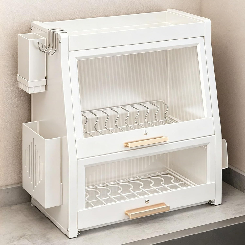White 2 Tier Covered Dish Rack with Drain Board and Utensil Storage