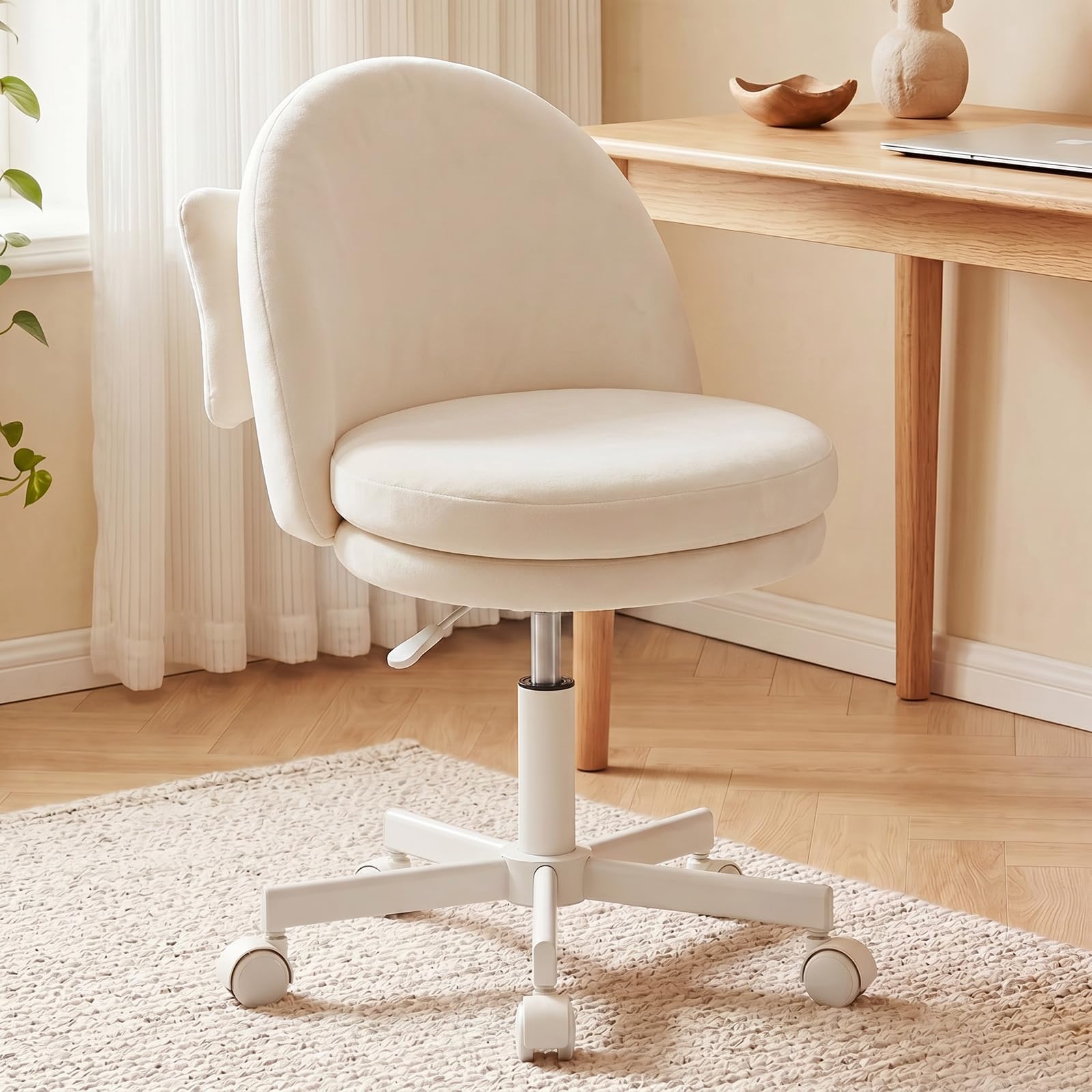 GTPLAYER Velvet Tall Office Chair with Wheels Vanity Chairs with Back, Versatile Height Use: Office to Bar Stools Small Ergonomic Comfy Armlees Computer Desk Chair with Bow Lumbar Pillow for Gift