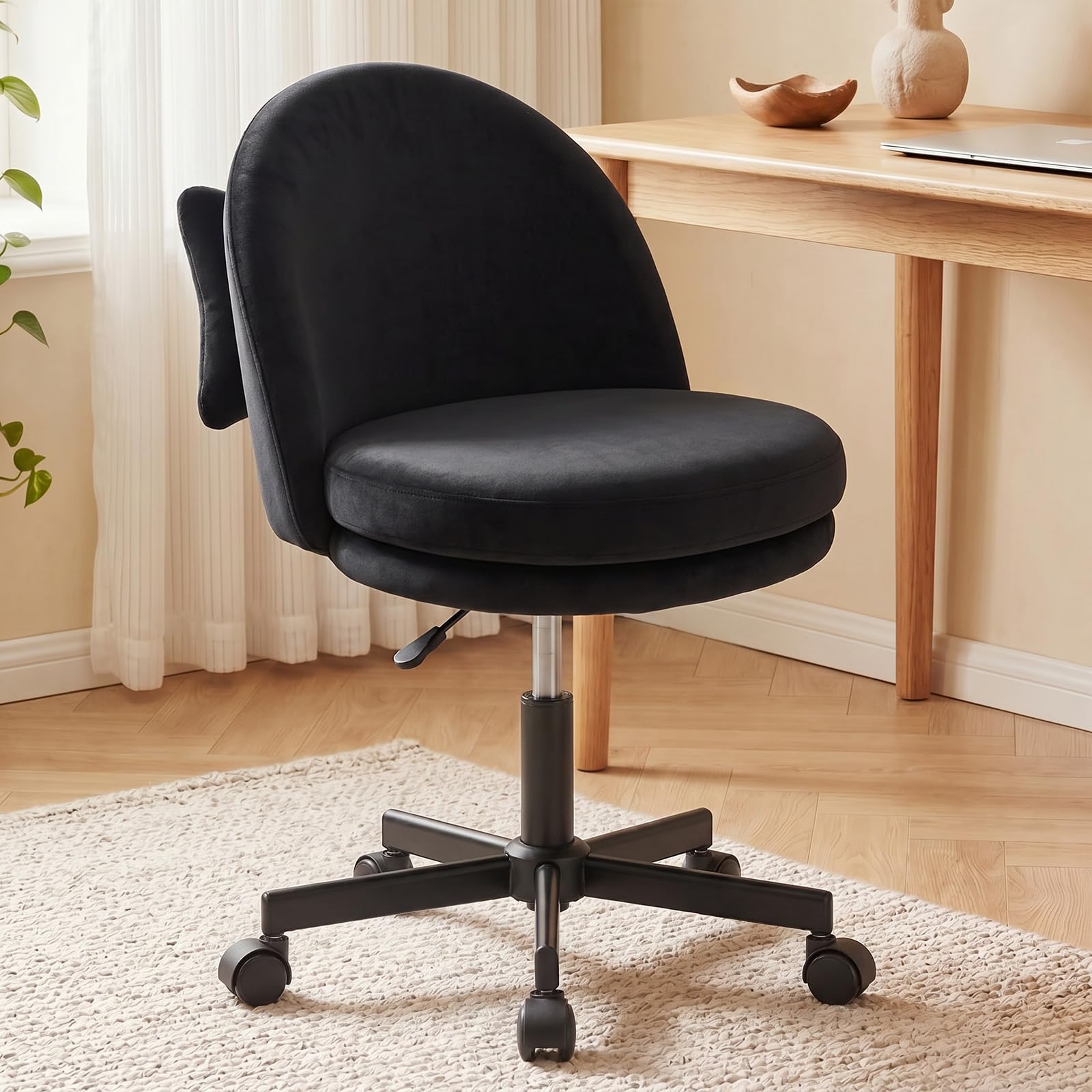 GTPLAYER Velvet Tall Office Chair with Wheels Vanity Chairs with Back, Versatile Height Use: Office to Bar Stools Small Ergonomic Comfy Armlees Computer Desk Chair with Bow Lumbar Pillow for Gift