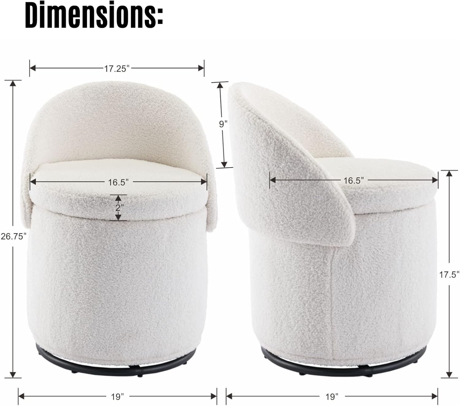 LukeAlon Sherpa Makeup Ottoman with Storage, Upholstered 360° Swivel Vanity Stool with Foldable Backrest Modern Cylindrical Footrest Stool for Living Room Bedroom, White