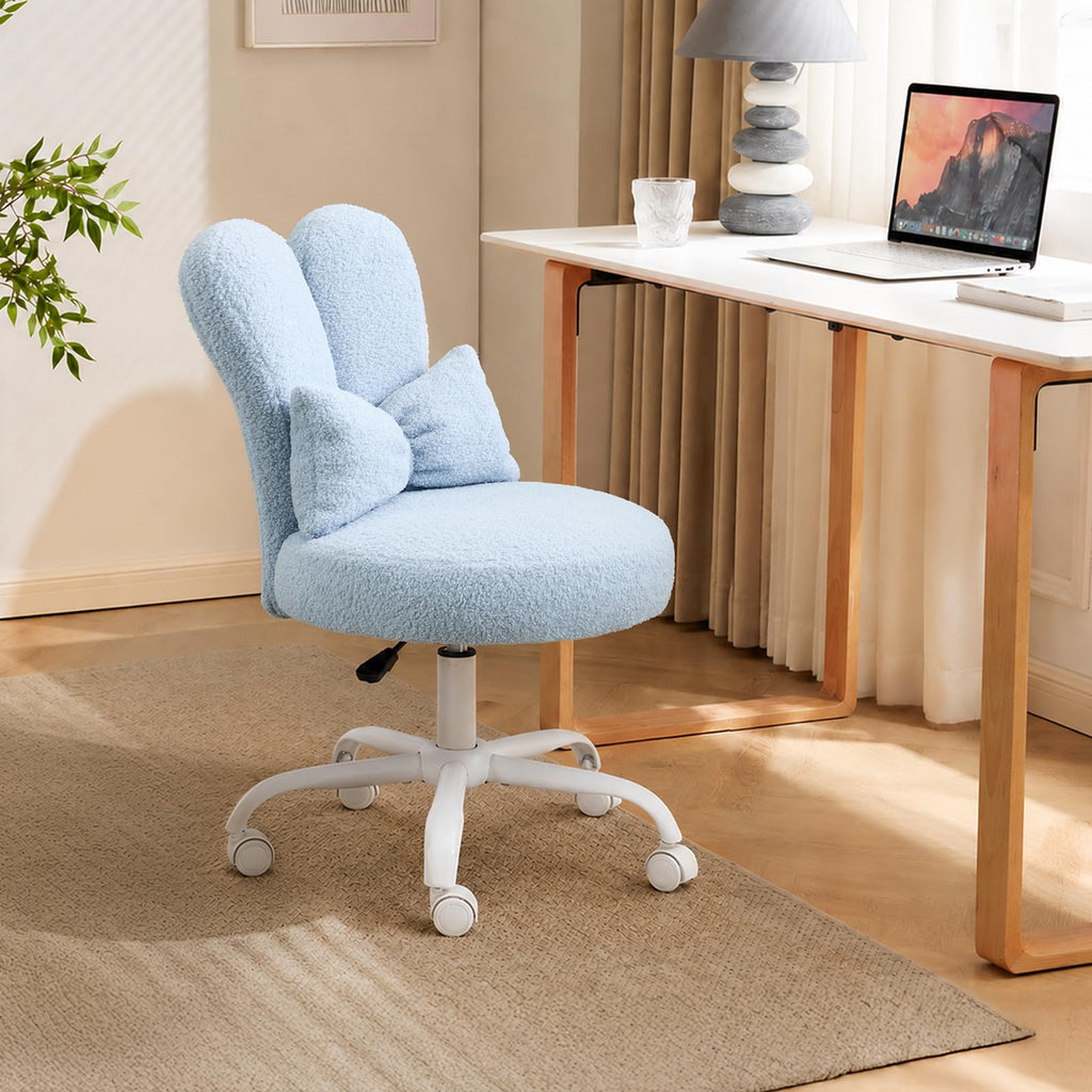 VINGLI Playful Rabbit Ear Swivel White Vanity Desk Chair with wheels&Bow Pillow,Cute Comfy Small Armless Adjustable Rolling Stool for Bedroom/Home Office,for Kids,Teens,Girls,Women,Adults,Teddy Fleece